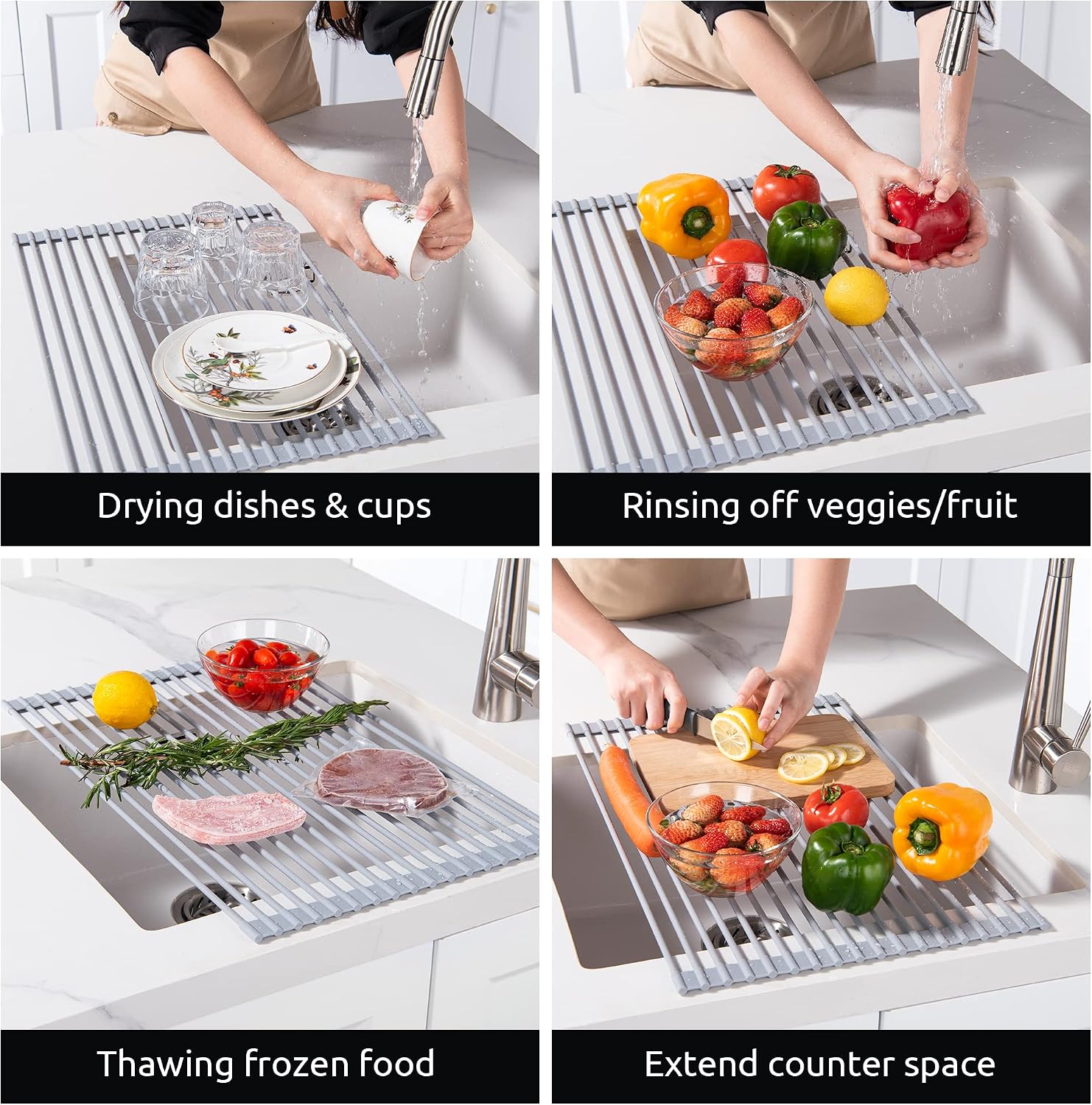 U-Taste Roll Up Dish Drying Rack 20.4 by 13 Inches, Over The Sink Foldable Multipurpose Silicone Dish Drainer Warm Gray, Large