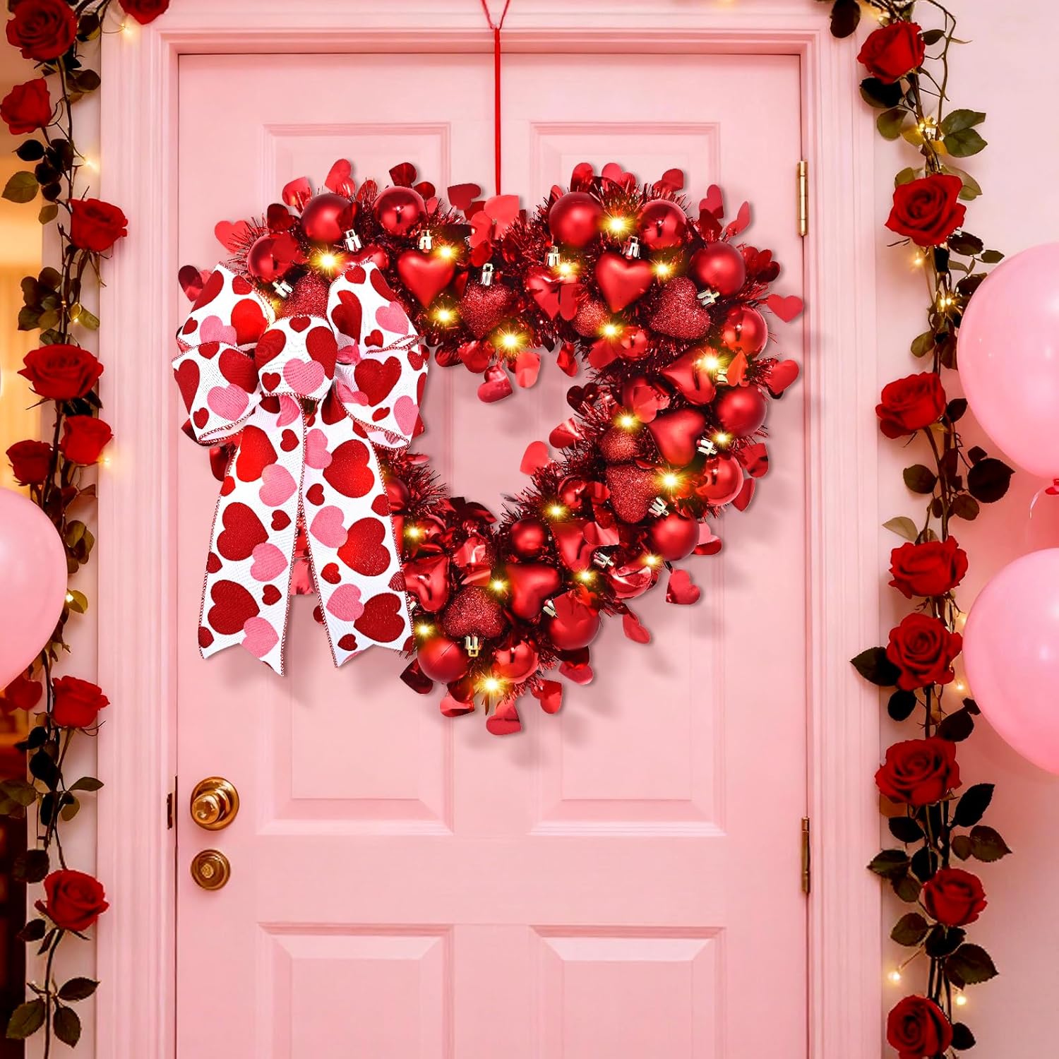 Waipfaru 14.2'' Valentines Day Wreath, Heart Wreaths for Front Door, Red Valentine Wreath Decorations with Bowknot Lights for Valentine's Home Wedding Party Anniversary Wall Window Gifts Decor
