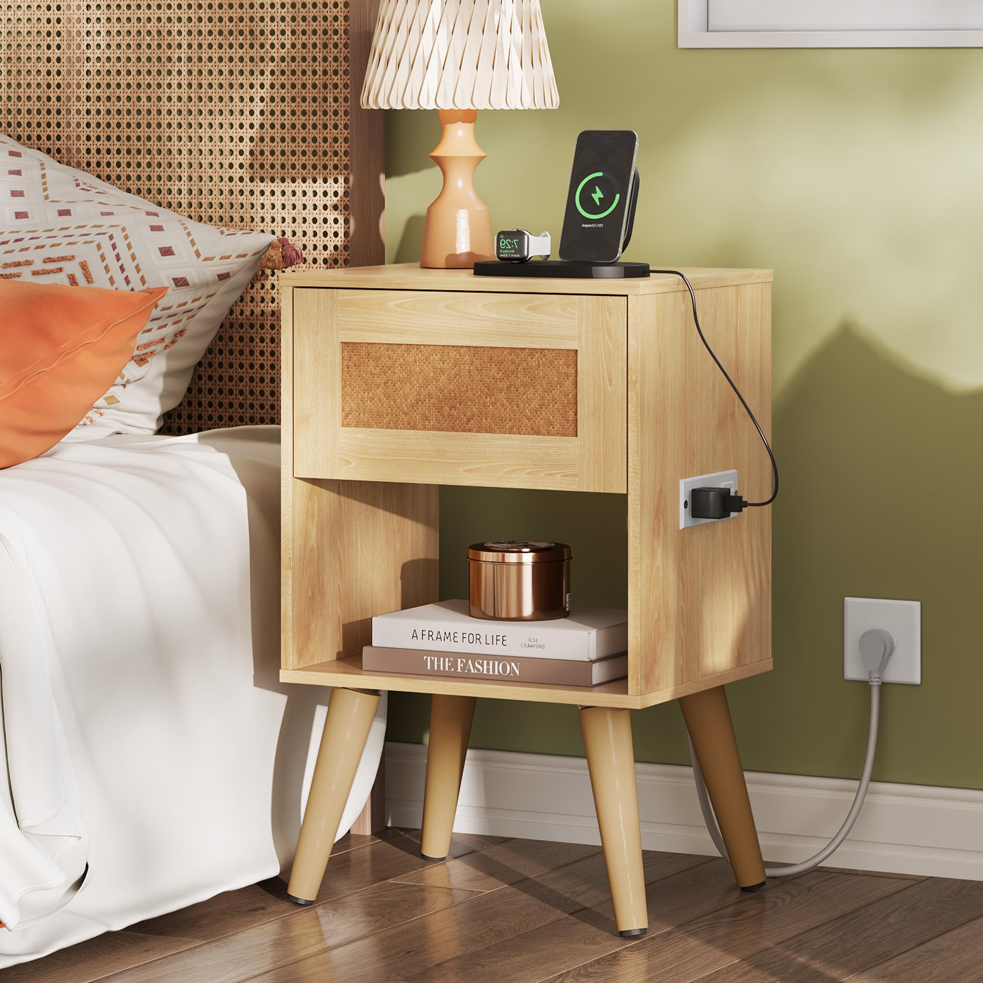 Condition photo showing New/Like New for wlive rattan nightstands set of 2 with charging station, boho nightstand, wood side table, small end table with drawers for bedroom, natural oak