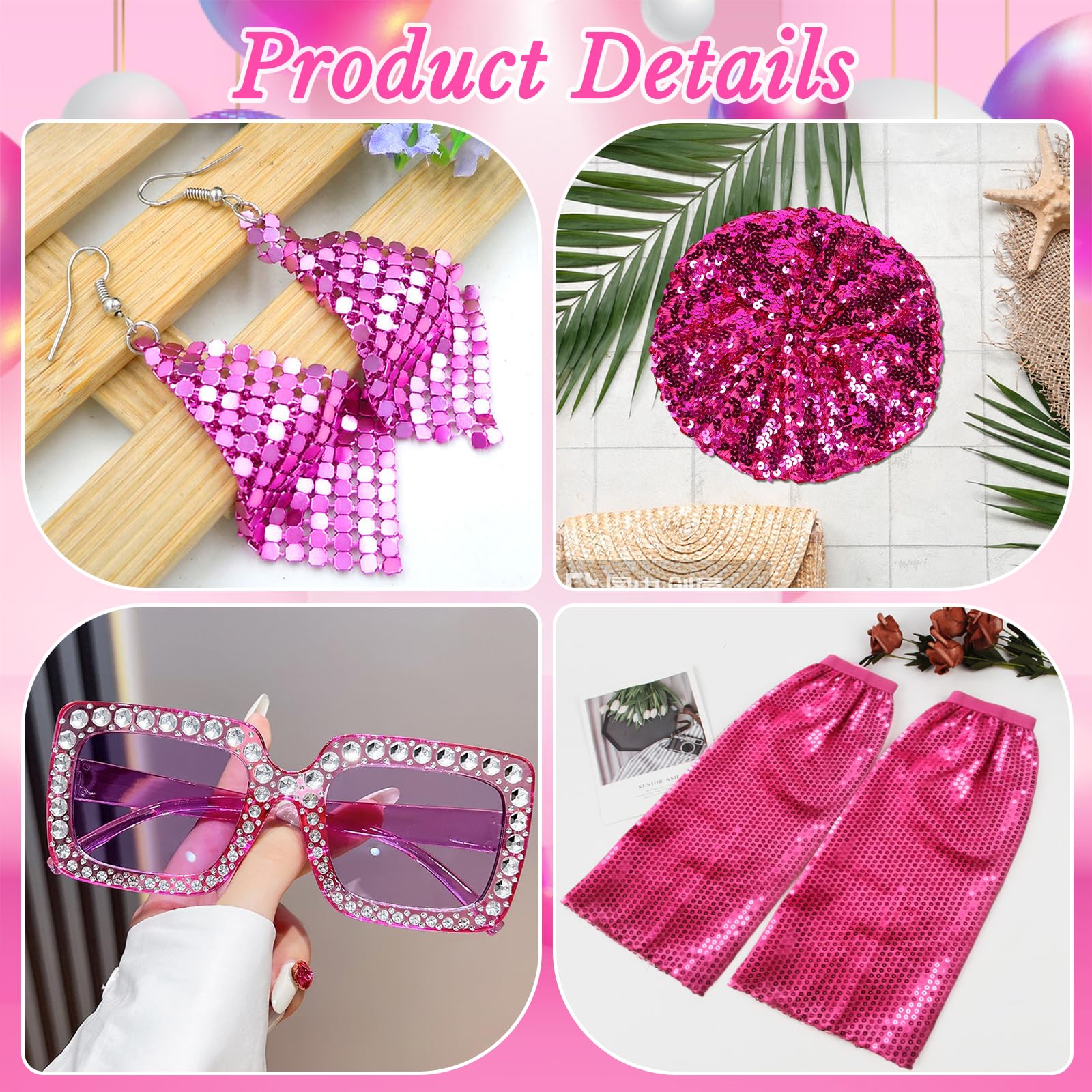 YAEGMIMHT 5Pcs 70s Accessories for Women Disco Fancy Dress Accessories, Sequins Beret Hat Leg Warmers Sunglasses Earrings - Image 4