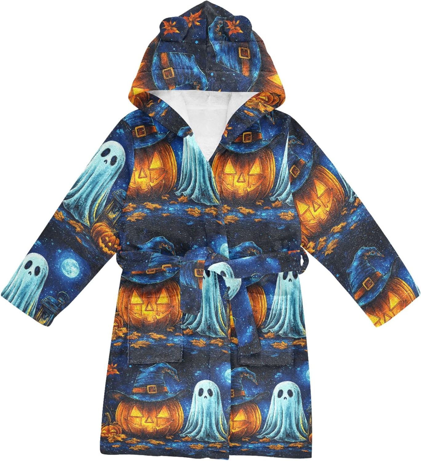 Night Ghosts Pumpkin Halloween Bathrobe Hooded PJ Robe Plush Fleece Robe Pajama Sleepwear 2-12 Years