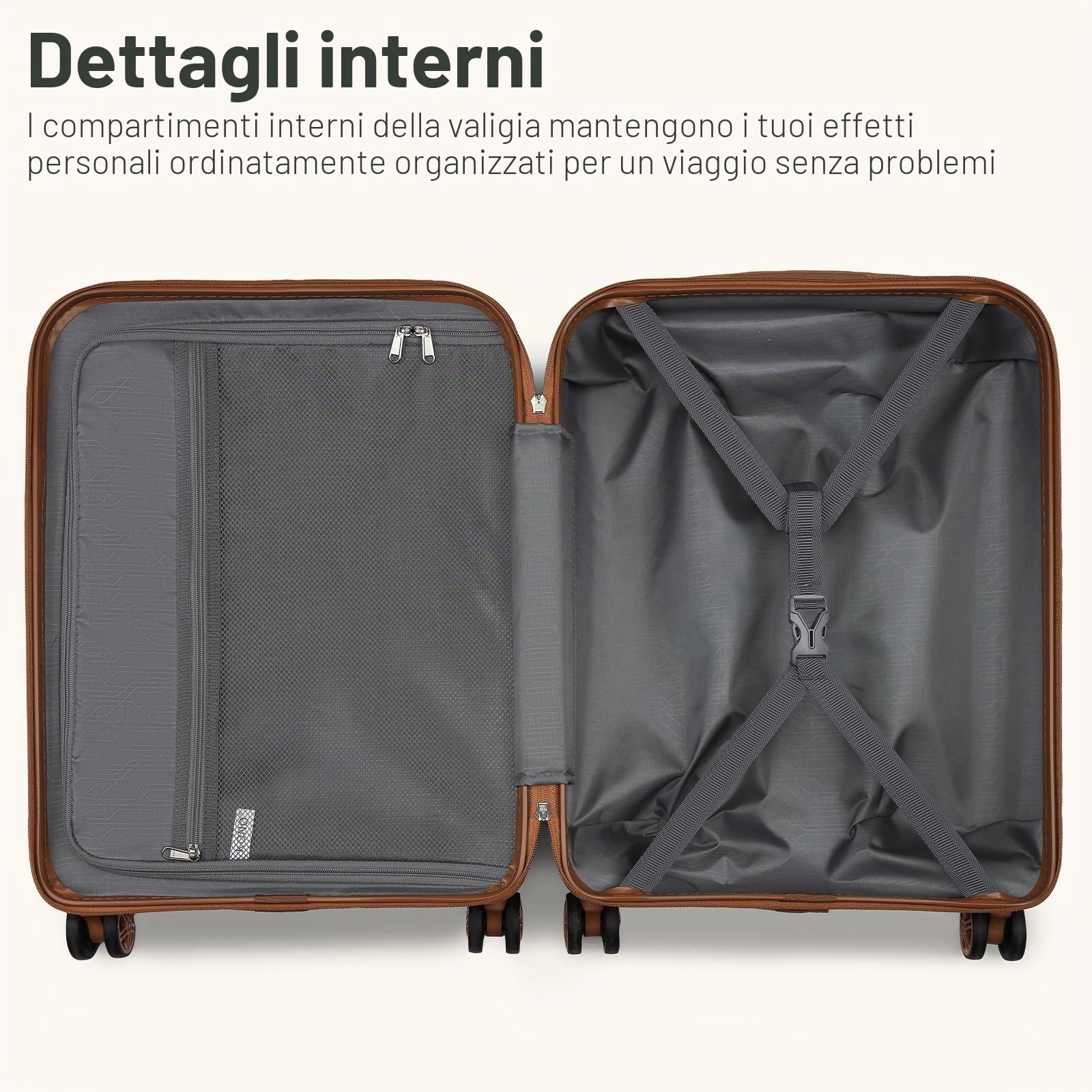 KONO Set di 3 Valigie Bagaglio a Mano, Media e Grande, Grigio/Marrone | Set Rigido ABS+PC, Leggero e Resistente agli Urti, Serratura TSA, Ruote 360°, Interni Organizzati, Media e Grande Espandibili