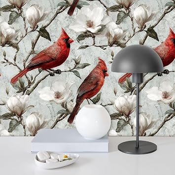 Peel and Stick Wallpaper Red Cardinal Birds Magnolia Blossoms Vintage Floral Wall Paper Self Adhesive Removable Wallpaper for Bedroom Cabinet Decor 23.6"x118" Contact Paper Rolls