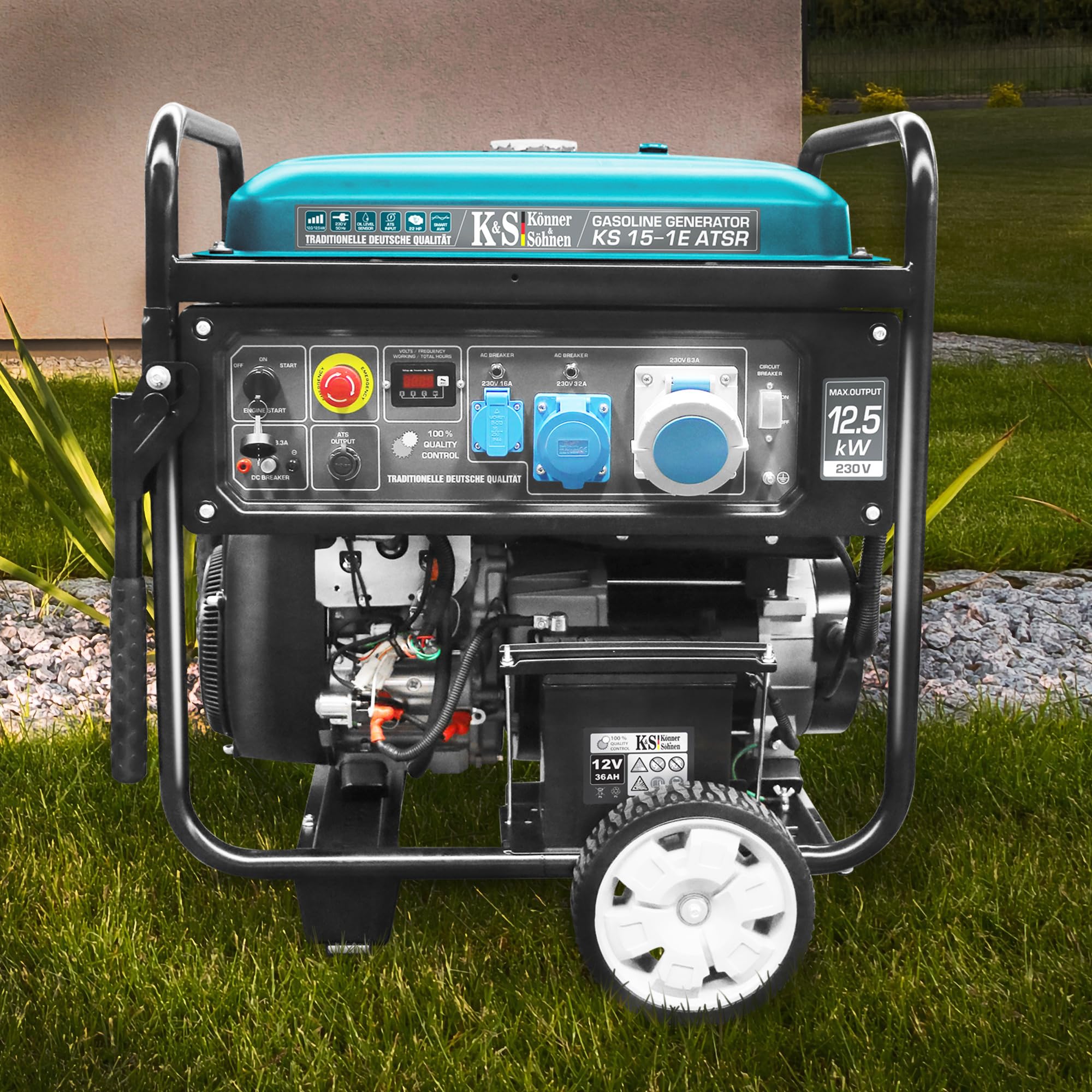 Könner & Söhnen KS 15-1E ATSR - Generatore di corrente 22 CV, motore a benzina a 2 cilindri a 4 tempi, in rame, avviamento elettrico, regolatore di tensione, display LED, 12500 Watt