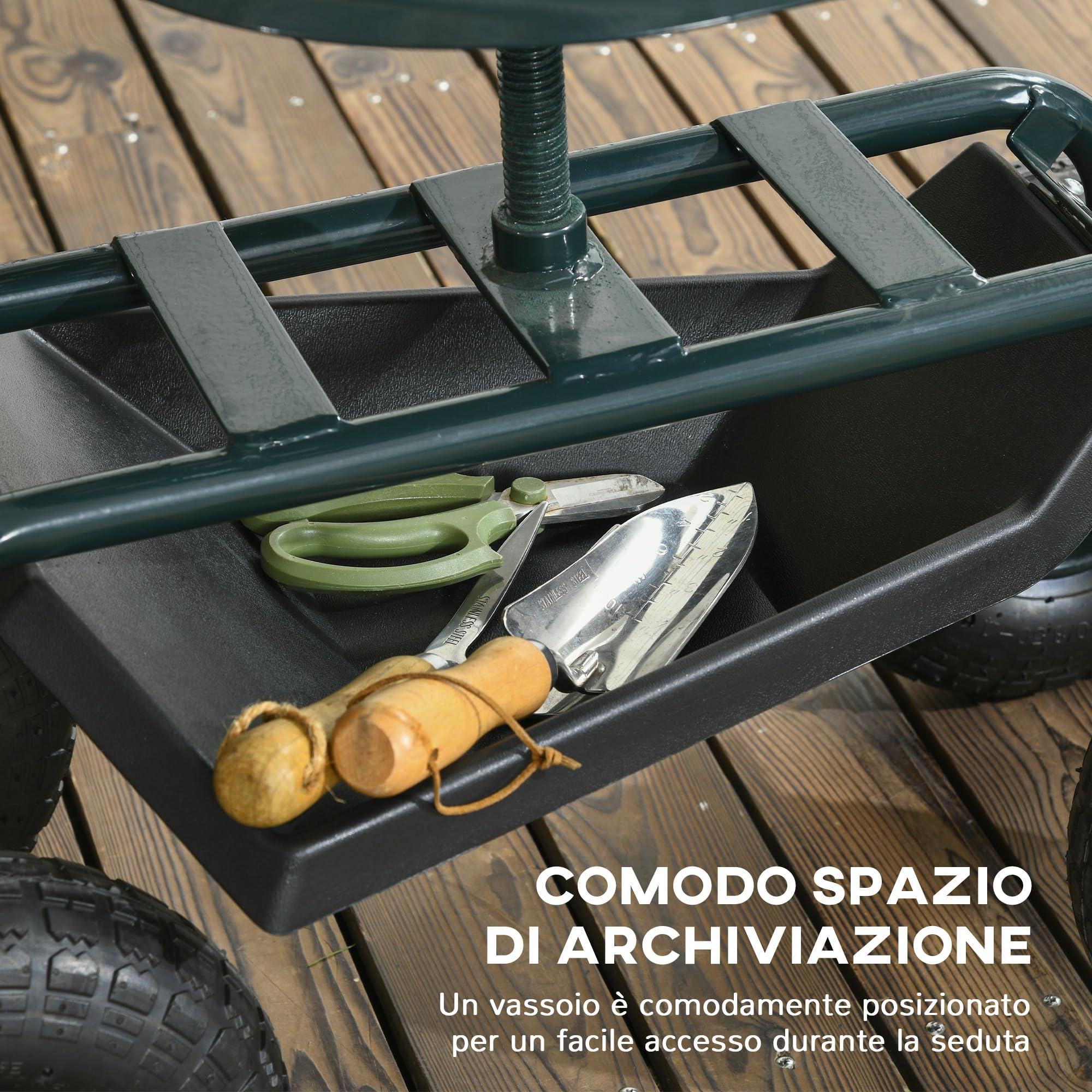 Outsunny Carrello da Giardino con Sedile Regolabile in Altezza e Vassoio Inferiore Porta Attrezzi, Sgabello da Giardinaggio con Ruote Grandi, per Esterno, Patio e Giardino, Verde Scuro