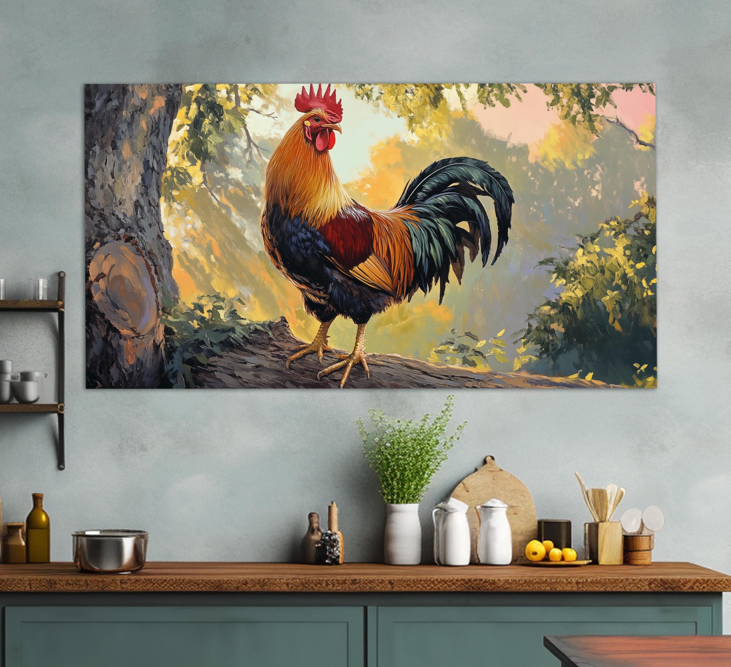 Art mural rustique avec ce tableau abstrait de coq sur toile moderne pour déco de maison de campagne