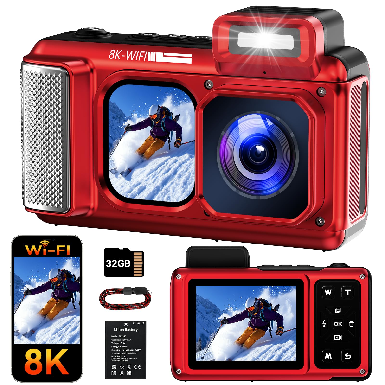 Maxmango V08 Pro 49FT Underwater Camera - 8K 90MP WiFi Waterproof Digital Camera with Touchscreen, Dustproof Shockproof Rugged Camera for Snorkeling, 32GB Point and Shoot Digital Digital Cam - Red-image-25