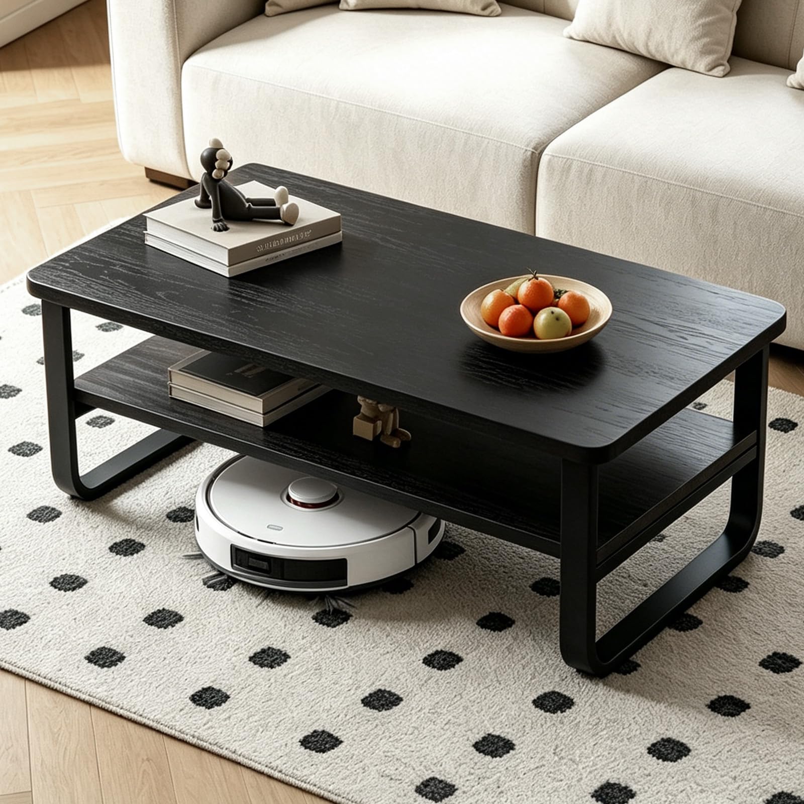 Couchtisch aus Holz für Wohnzimmer, 2-Stöckiger Beistelltisch mit Metallbeinen, Breiter Tischplatte und Offenem Stauraum, Tisch für Wohnzimmer, Büro, Schlafzimmer