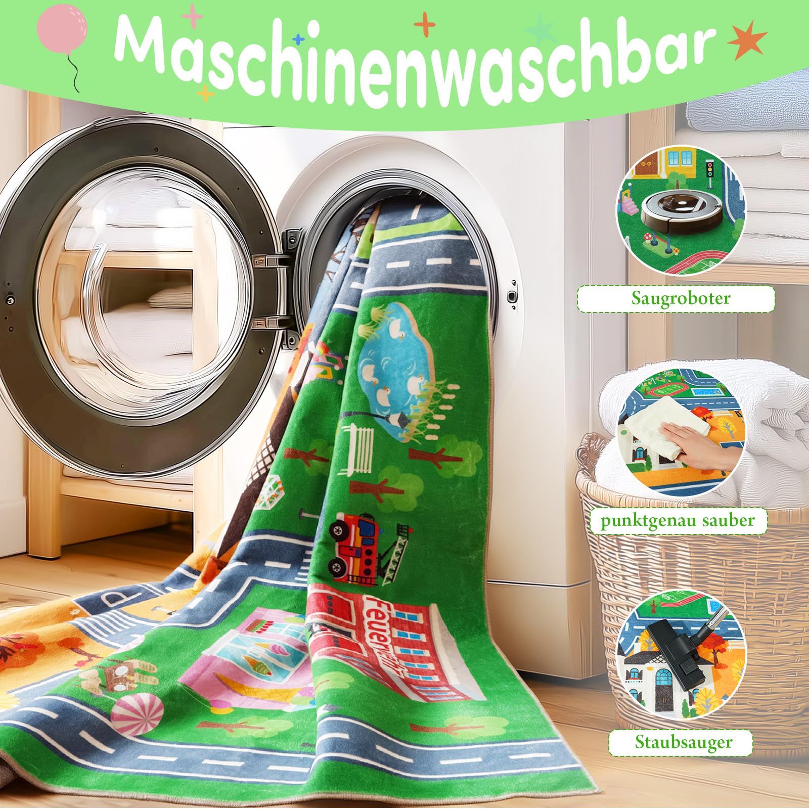 Kinder Autoteppich für Spielzimmer 120 x 160 cm, Waschbare Spielmatte | Straßenteppich Kinder, Rutschfester Kurzflor Teppich für Kinderzimmer, Spielteppich für Jungen und Mädchen