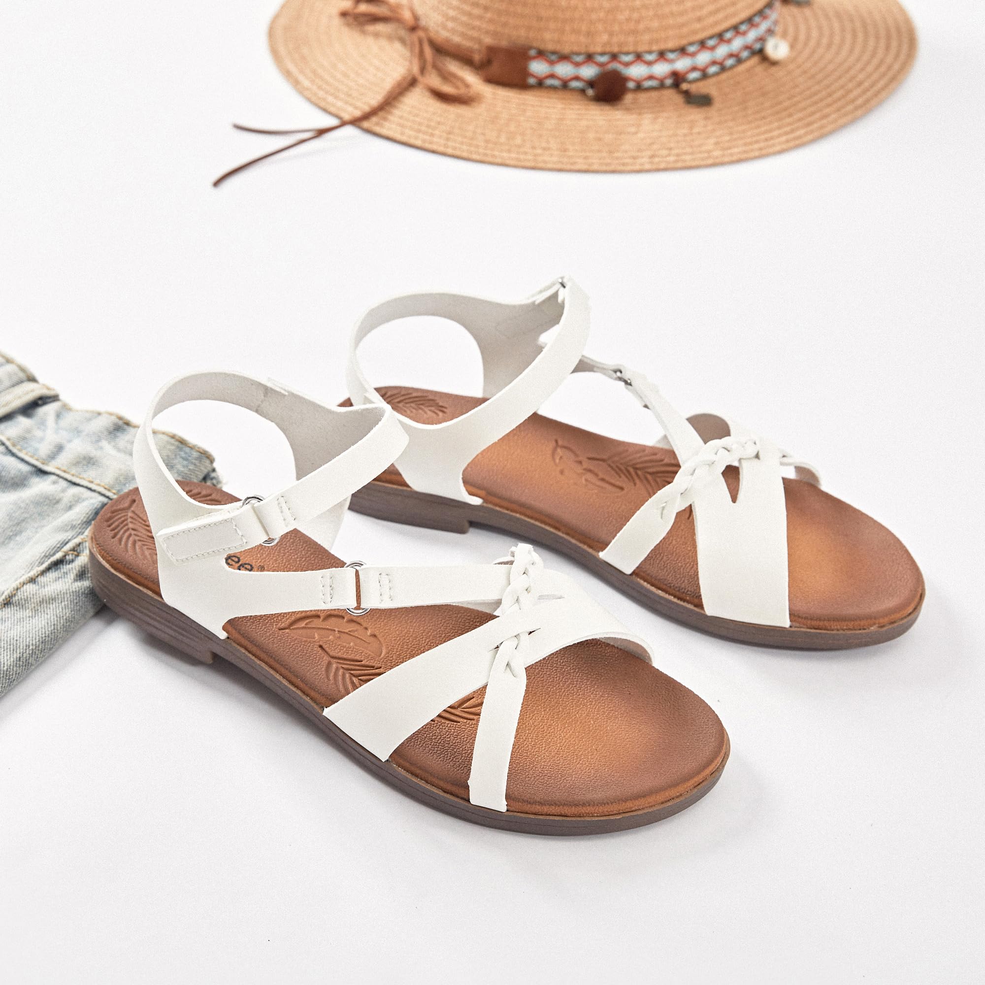 Sandales plates pour femmes Slip-on confortable avec sangle à la cheville bout ouvert été