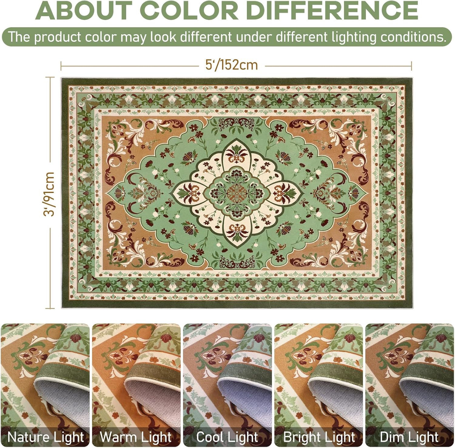 Area Rugs 3x5 Entryway Rug, Washable Area Rugs Non-Slip Soft Rug for Living Room, Bedroom, Kitchen, Front Door Mat Indoor Entrance Low Pile, Boho Carpet Floral Farmhouse Decor Green Oriental