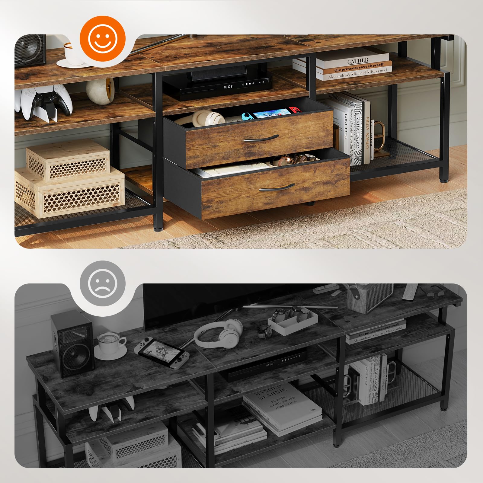 HOOBRO Mueble de TV, Soporte de Televisores de hasta 75 Pulgadas, Mueble Multimedia con Almacenamiento, Consola para TV con Estantes y 2 Cajones, para Salon, Marrón Rústico y Negro EBF55DS01
