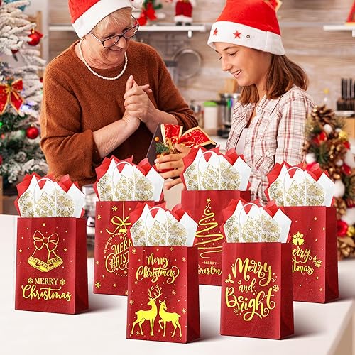 Miniatura 6 de Bolsas de regalo de Navidad, 24 unidades, bolsas de Navidad con purpurina roja para regalos con papel de seda, 6 estilos de bolsas de regalo de