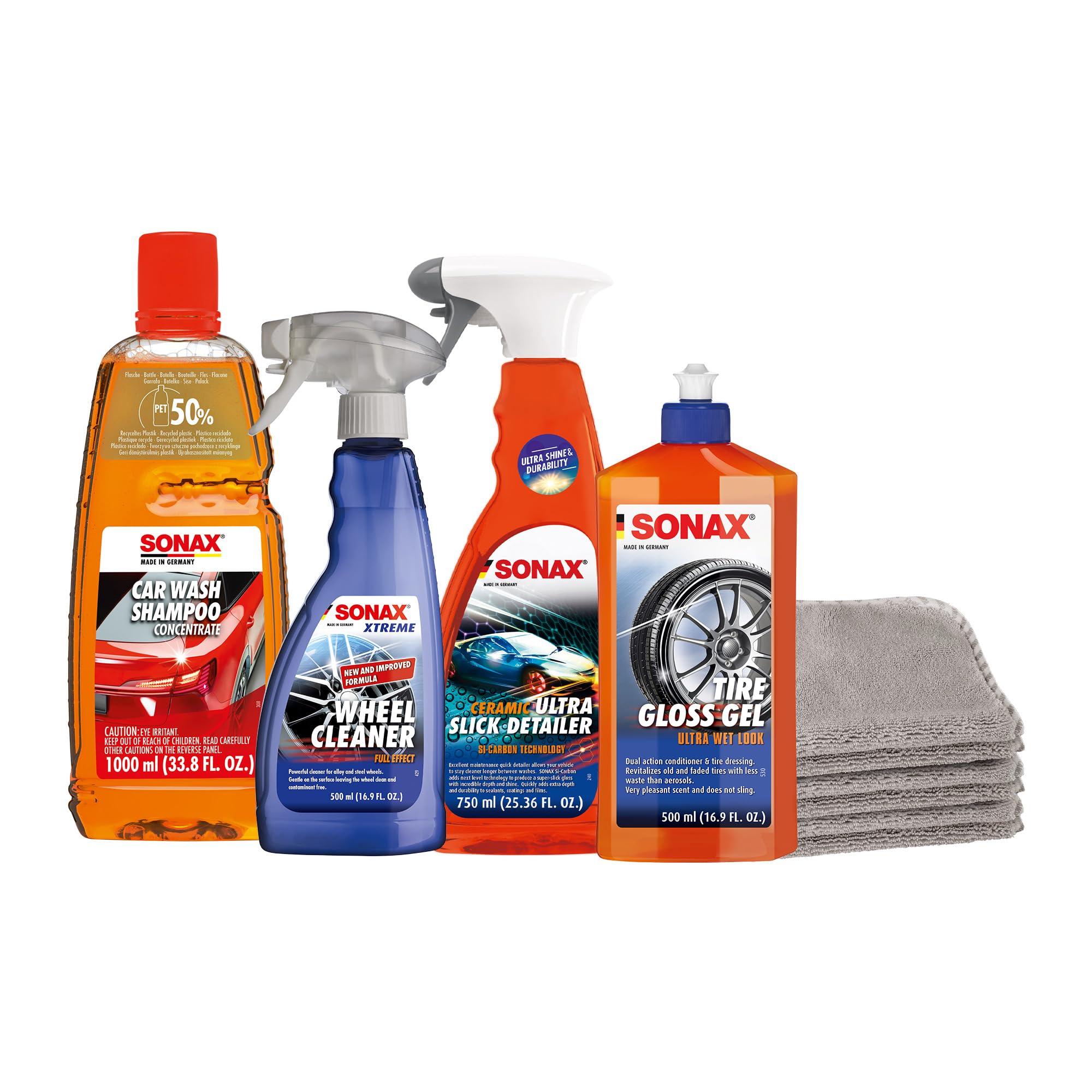 SONAX Premium Exterior Car Wash Kit | 5-Piece Complete Car Care Set | Car Wash Shampoo, High Speed Wax, Wheel Cleaner, Tire Gloss Gel & 3-Pack Microfiber Cloths | Professional Car Detailing Kit