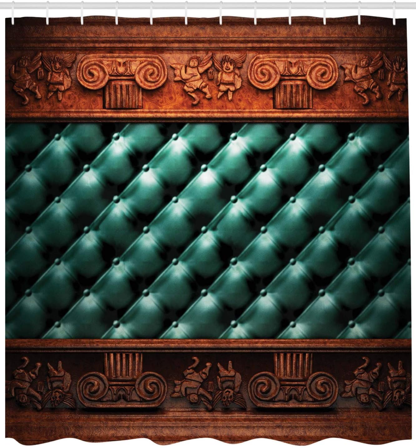 Ambesonne Victorian Shower Curtain, Wooden Ornament on Leather Couch Bed Headboard Panel Wood Molding Plaque, Cloth Fabric Bathroom Decor Set with Hooks, 69" W x 75" L, Teal Dark Orange