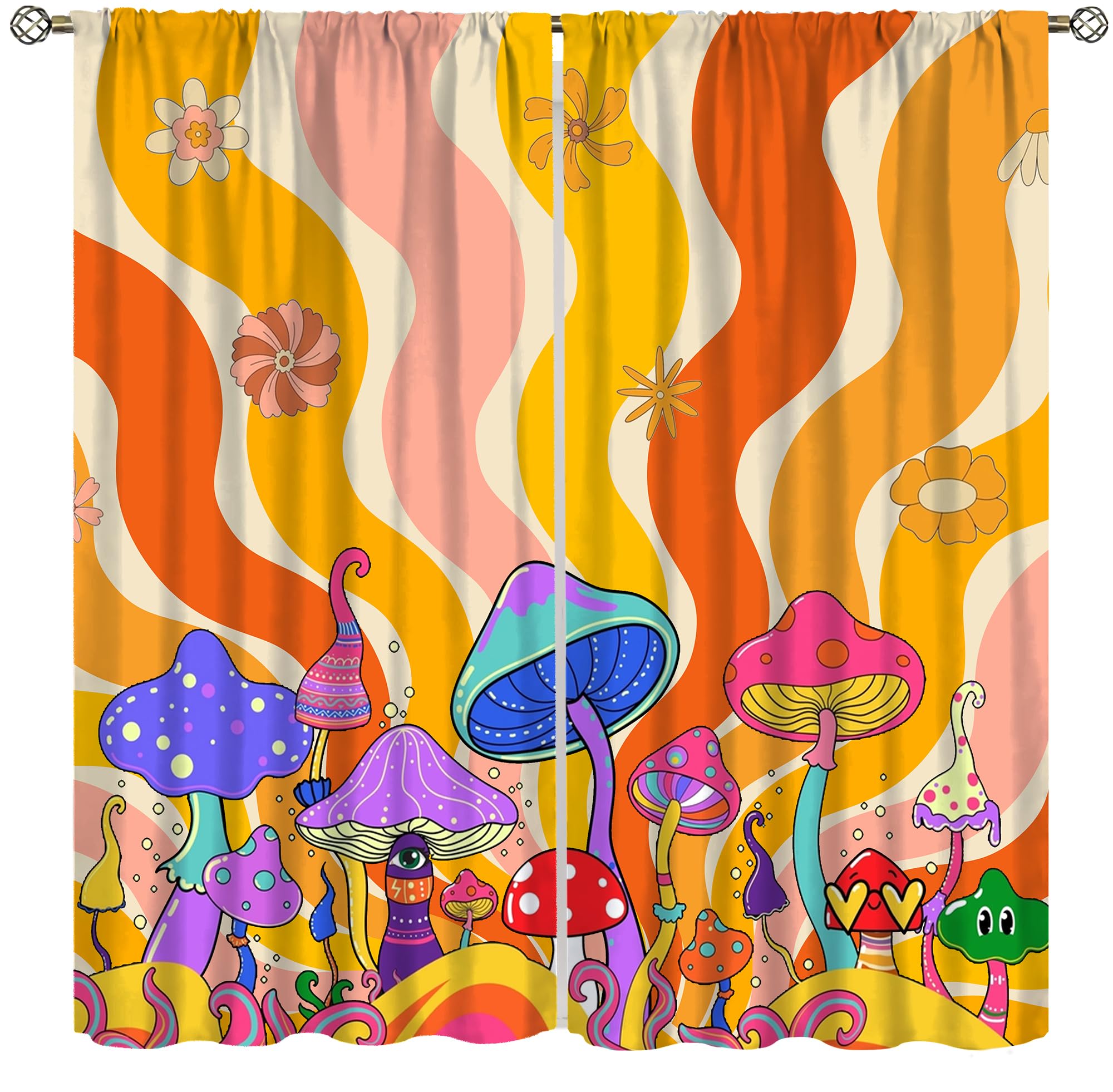 70s Mushroom Flower Curtains, Vintage Rustic Fantasy Hippie Sun Boho Groovy Abstract Blackout Windows Treatments, Thermal Insulated Drapes For Girls
