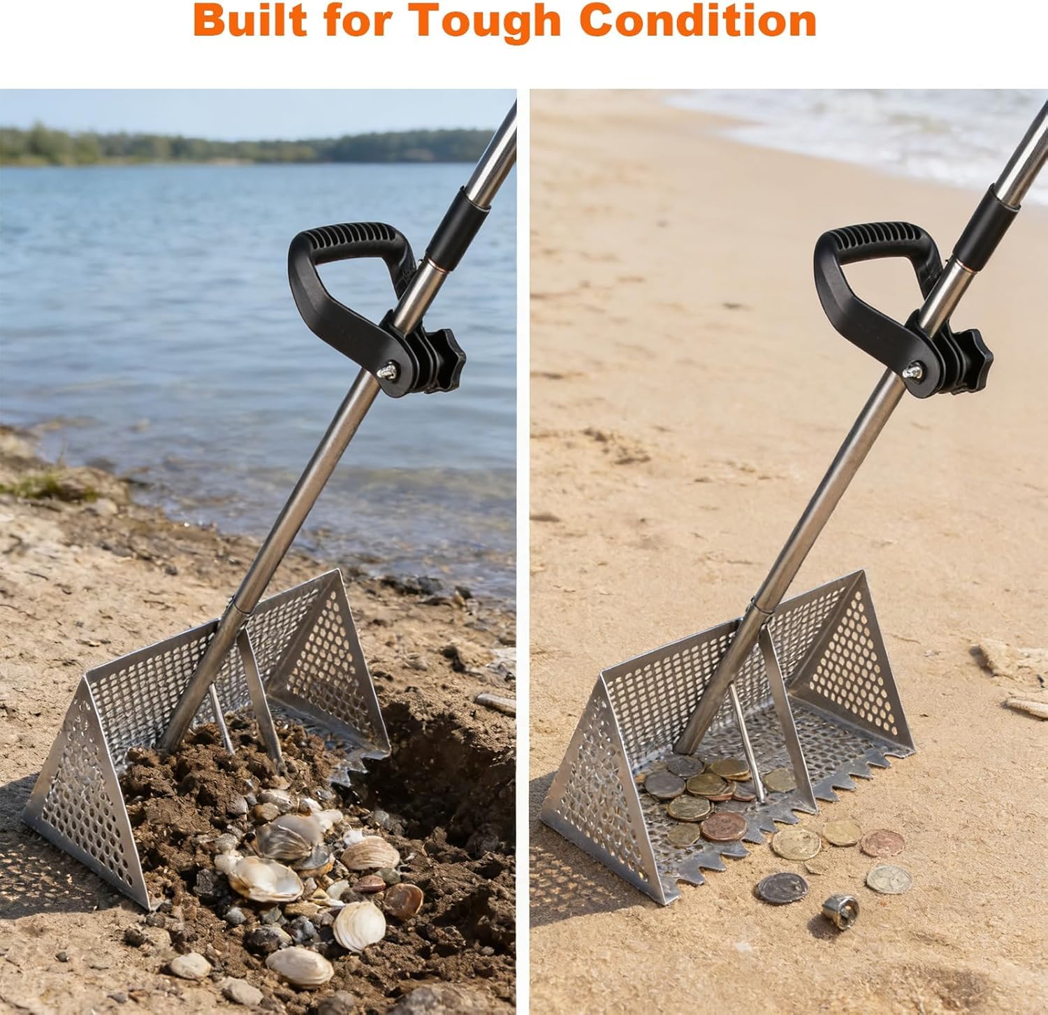 Râteau de Puce de Sable en acier inoxydable - Tamis de Sable de Plage avec Grand Panier à Dents de requin de 20×40 cm, Tamis Détachable Râteau de à Poignée Longue Détachable pour Plage