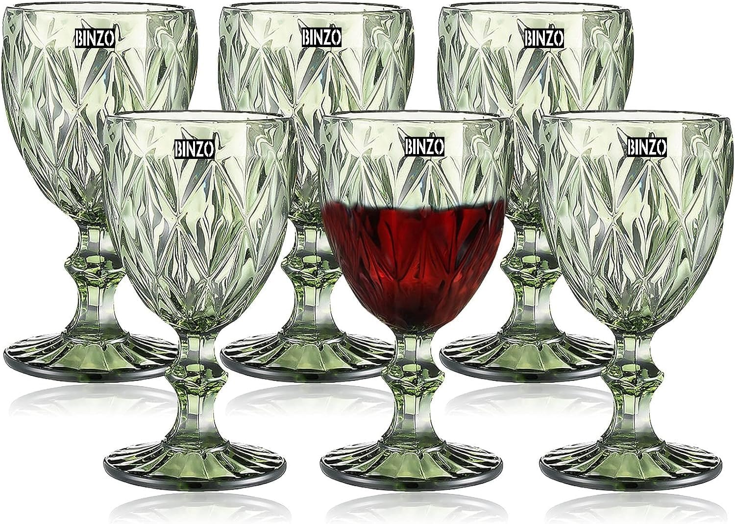 BINZO Color Water Goblet Glasses, Set of 6, 340 ml, Green Stem Colored Wine Glassware, Drinking Tumbler Multiuse Glass for Juice, Drinks, Home, Kitchen, Beverage, Gift, Mocktail, Cocktail