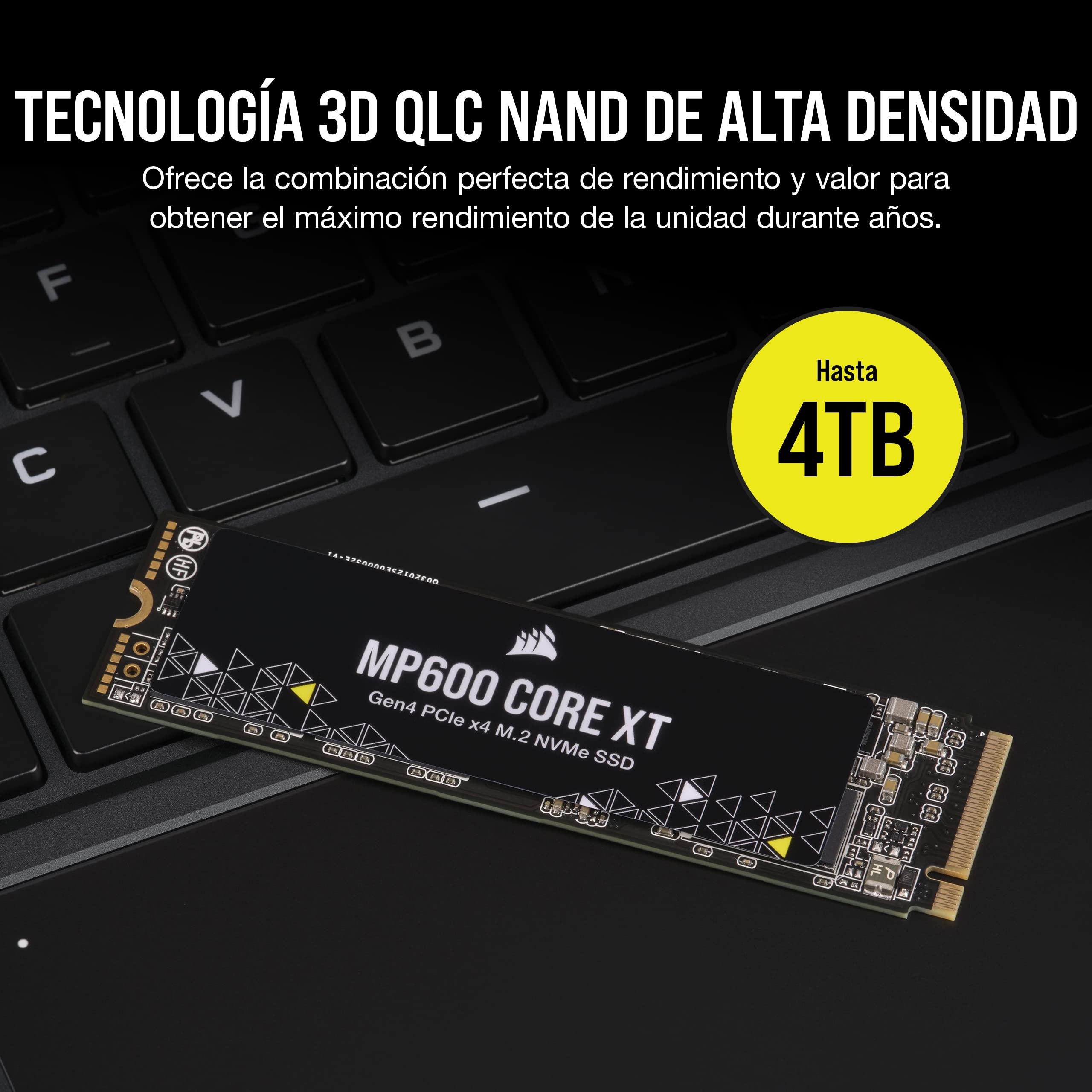 Corsair MP600 Core XT 4TB PCIe Gen4 x4 NVMe M.2 SSD – NAND QLC de Alta Densidad – M.2 2280 – Compatible con DirectStorage - Up to 5,000MB/sec – Portátiles y Ordenadores de Sobremesa PCIe 4.0 – Negro