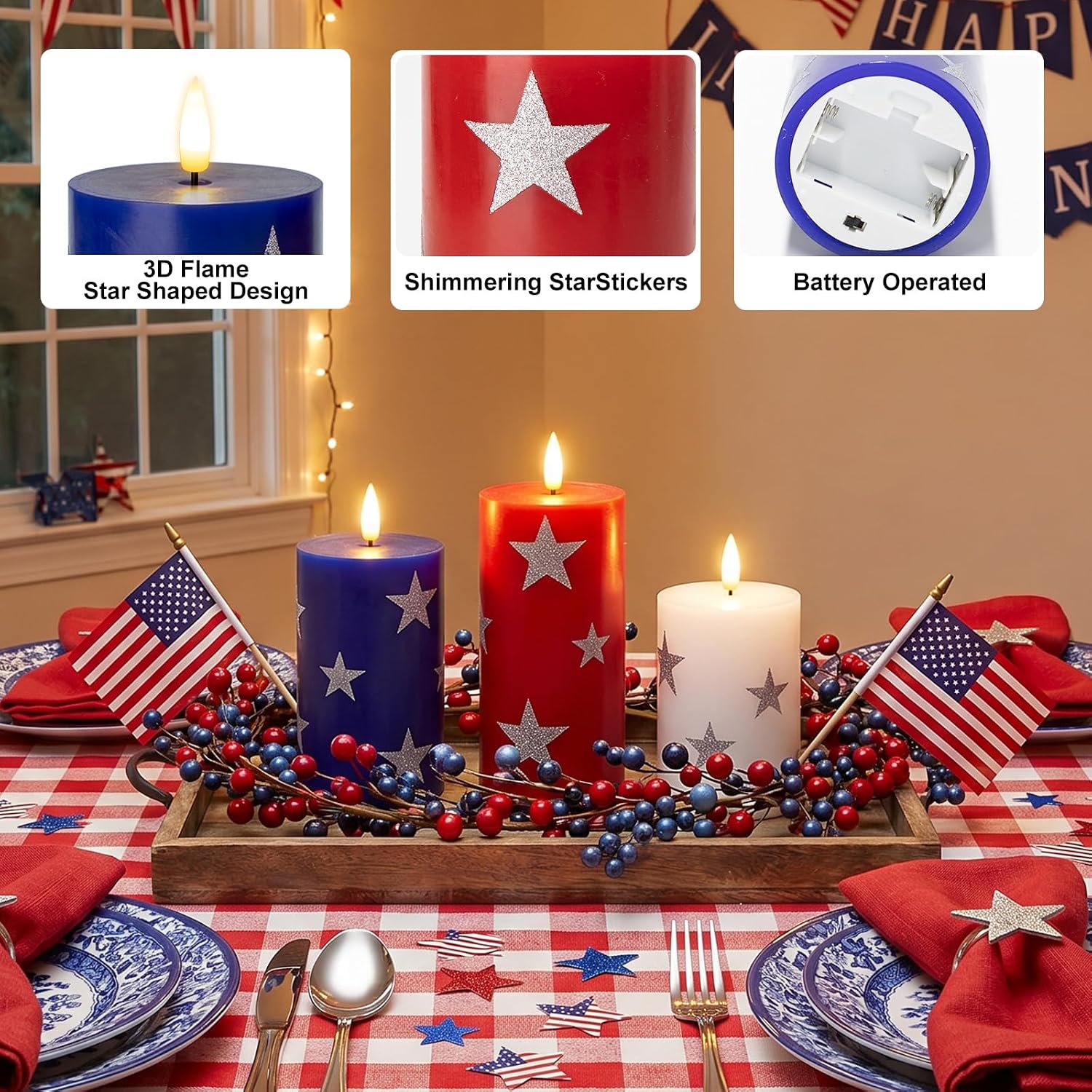 USA 250th Anniversary Merchandise, 4th of July Decorations Patriotic Candles Red White Blue Flameless Candle with Remote & Timer, Battery Operated Pillar Candles for American Independence Day Decor