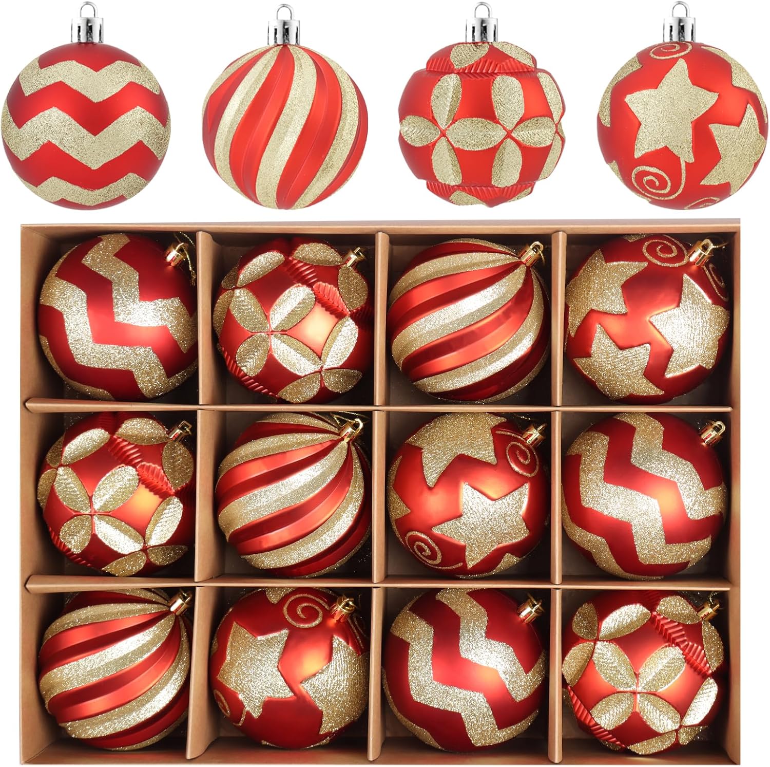 4 Inch Red and Gold Christmas Ornaments for Tree, 12Pcs Large Shatterproof Christmas Ball Ornaments, Big Indoor & Outdoor Xmas Tree Decorations for Holiday Malls (Red & Gold)