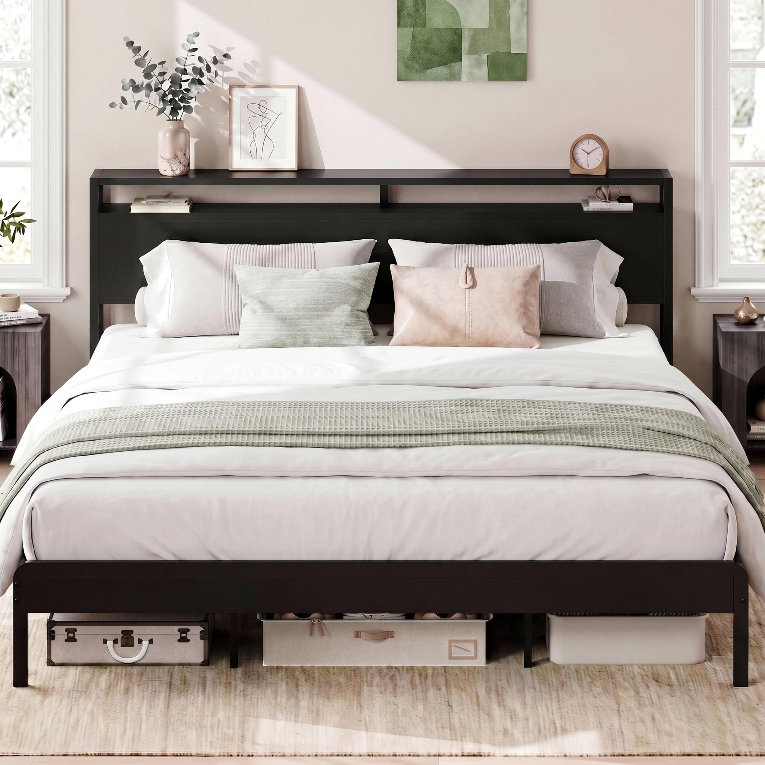 LIKIMIO King Size Bed Frame with 2-Tier Storage Shelf Headboard