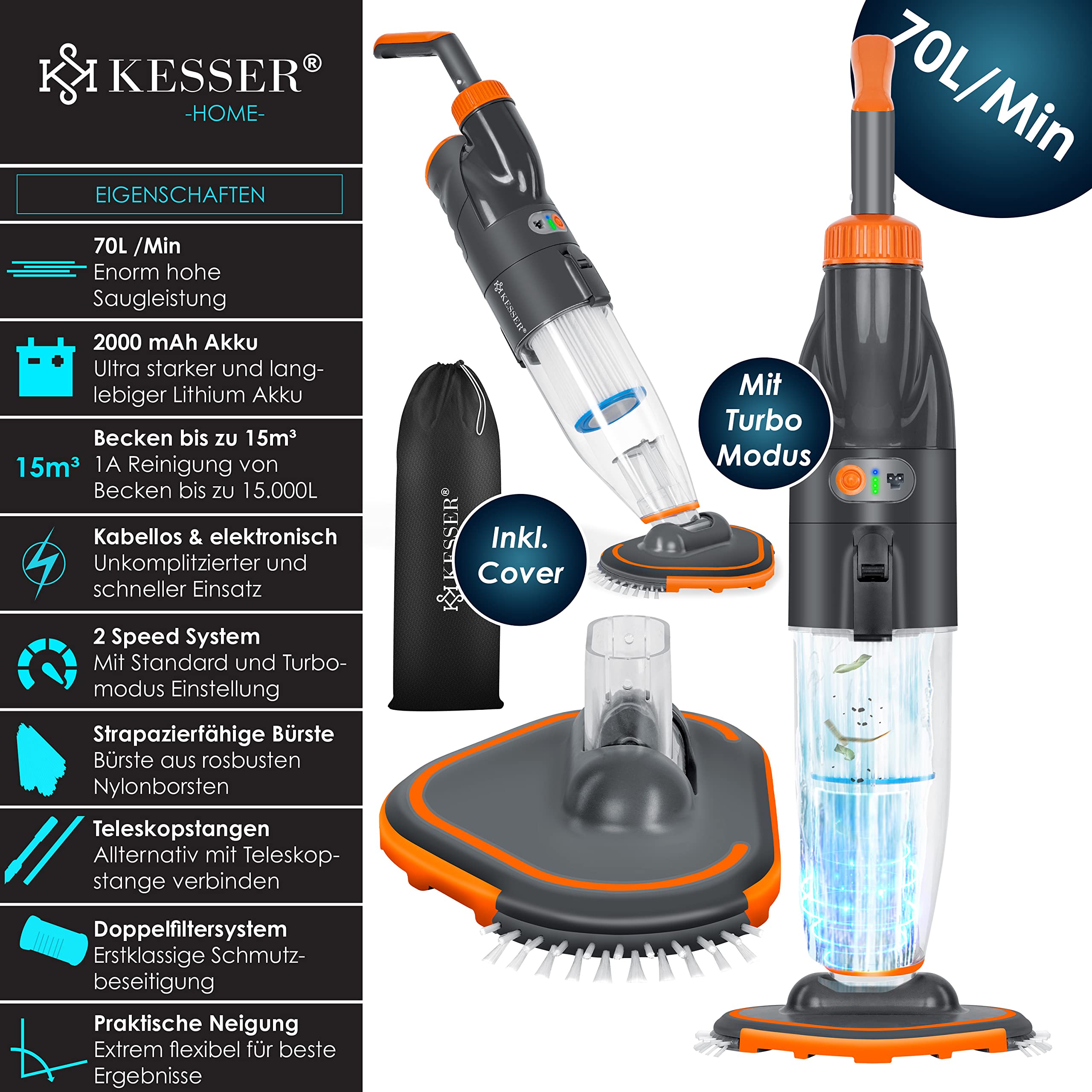 KESSER® Aspirador para Piscinas con batería | Aspirador eléctrico de Mano para Piscinas | Limpiador de Piscinas| Kit de Limpieza con Aspirador de Mano inalámbrico hasta 15 m³, Incl. Funda Protectora