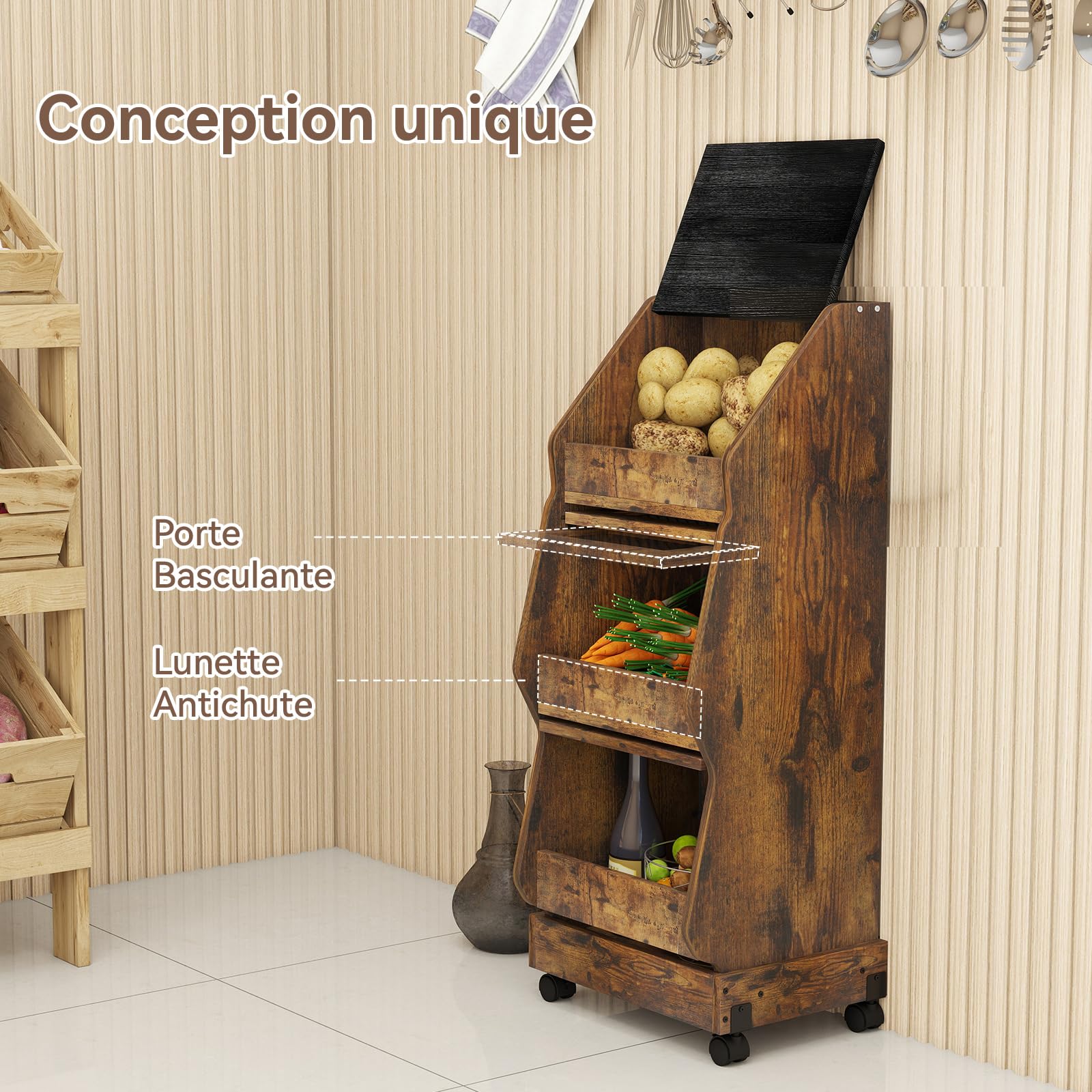 YU YUSING Garde Manger Grillagé Fruits Légumes XXL-3 Étagères avec Roulettes, Rangement Pomme de Terre Cuisine, Boîte à Pain Mobile en Bois avec Couvercle, Chariot Stockage, Fromage, Marron Rustique