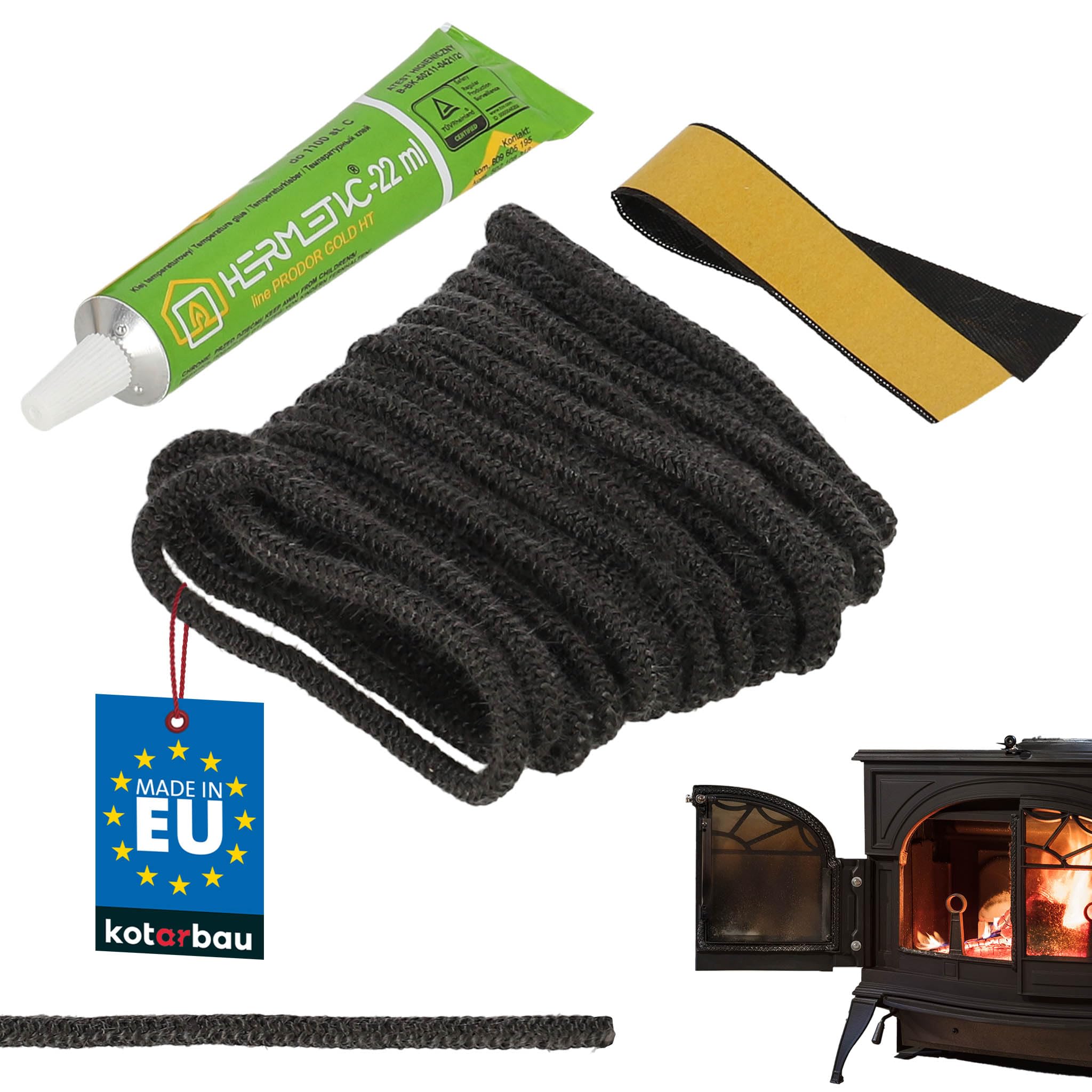 KOTARBAU® Junta Cristal Chimenea - Fibra de Vidrio - ⌀ 4 mm - 2,5 m - con Adhesivo - Cordon Chimenea - Cordon Cristal Estufa - Resistente al Calor - Kit Reparación - Negro