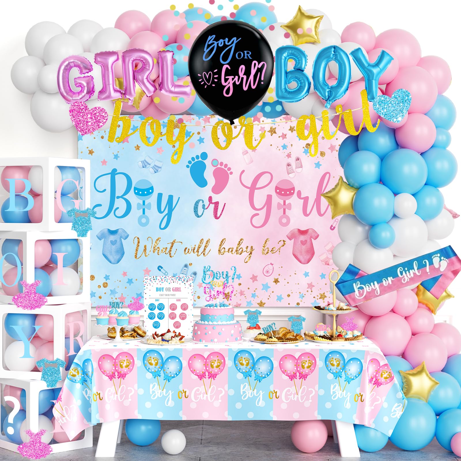 170 PCs Baby Boxes Gender Reveal Decorations, Hombae Boy or Girl Gender Reveal Decorations What Will Baby Be Backdrop Balloon Garland Banner Tablecloth Cake Cupcake Topper Cutout Poster Sash Pink Blue