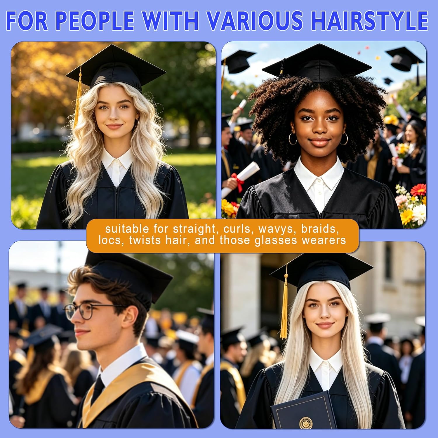 Graduation Cap Headband, Anti-Fall Holder for Grad Cap, Secure Headband Insert for Hairstyle & Decorations, Graduation Gifts for Women Men, 2 Pack Black