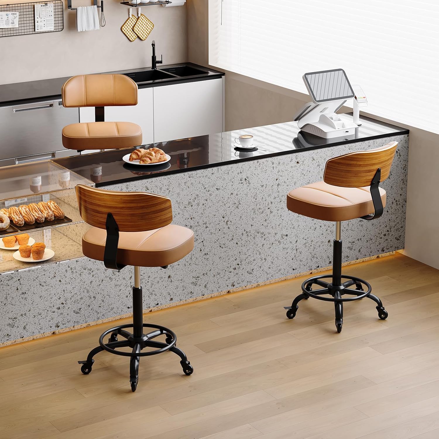 Drafting Chair with Lockable Wheels, Tall Chair Adjustable Stool with Curved Walnut Backrest and Footrest Ring, PU Leather Ergonomic Rolling Chair 300LBS Capacity for Office Workstation(Brown)