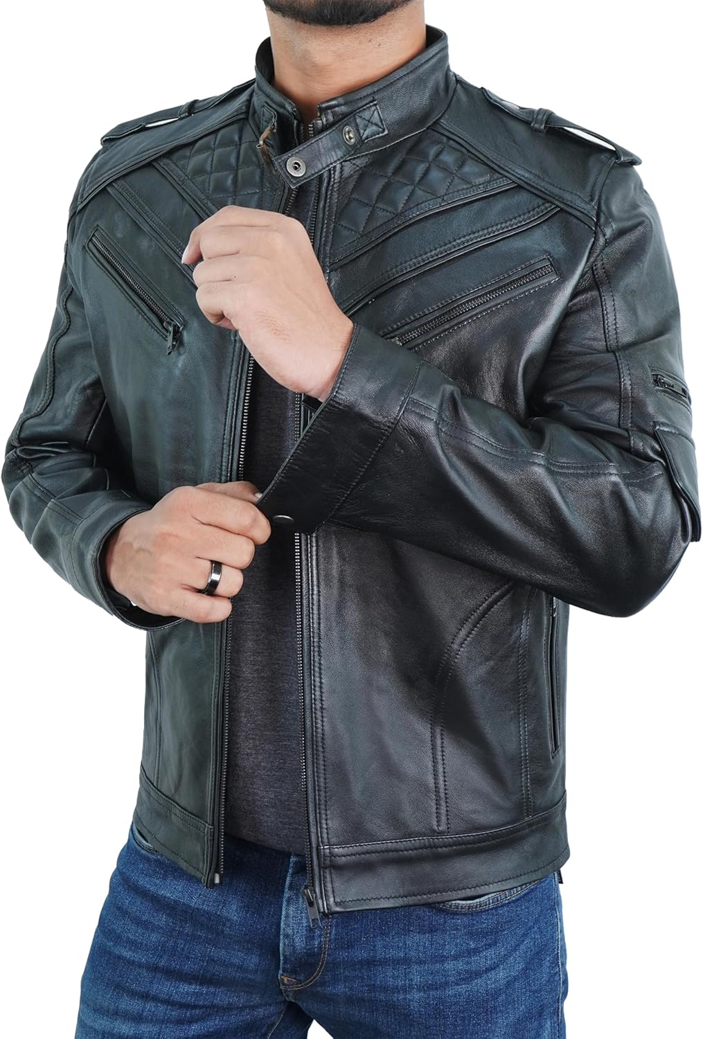 Mens Black Leather Jacket - Biker Racer Style Real Leather Jacket for Men - Image 2