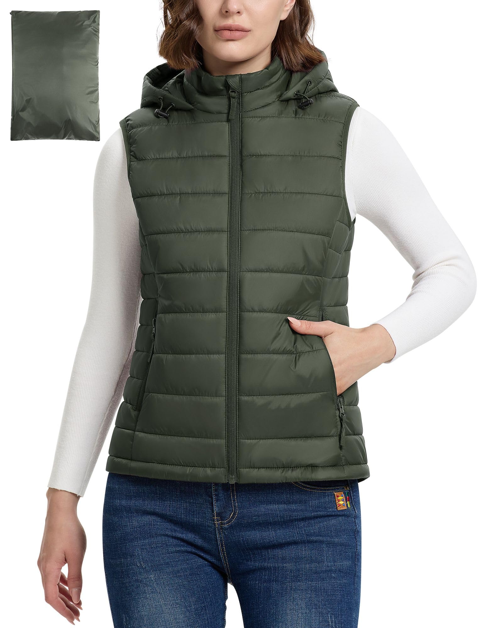 Outdoor Ventures Gilet matelassé à capuche pour femme - Gilet de transition pliable - Veste de sport hybride doublée - Gilet de cyclisme chaud avec col montant