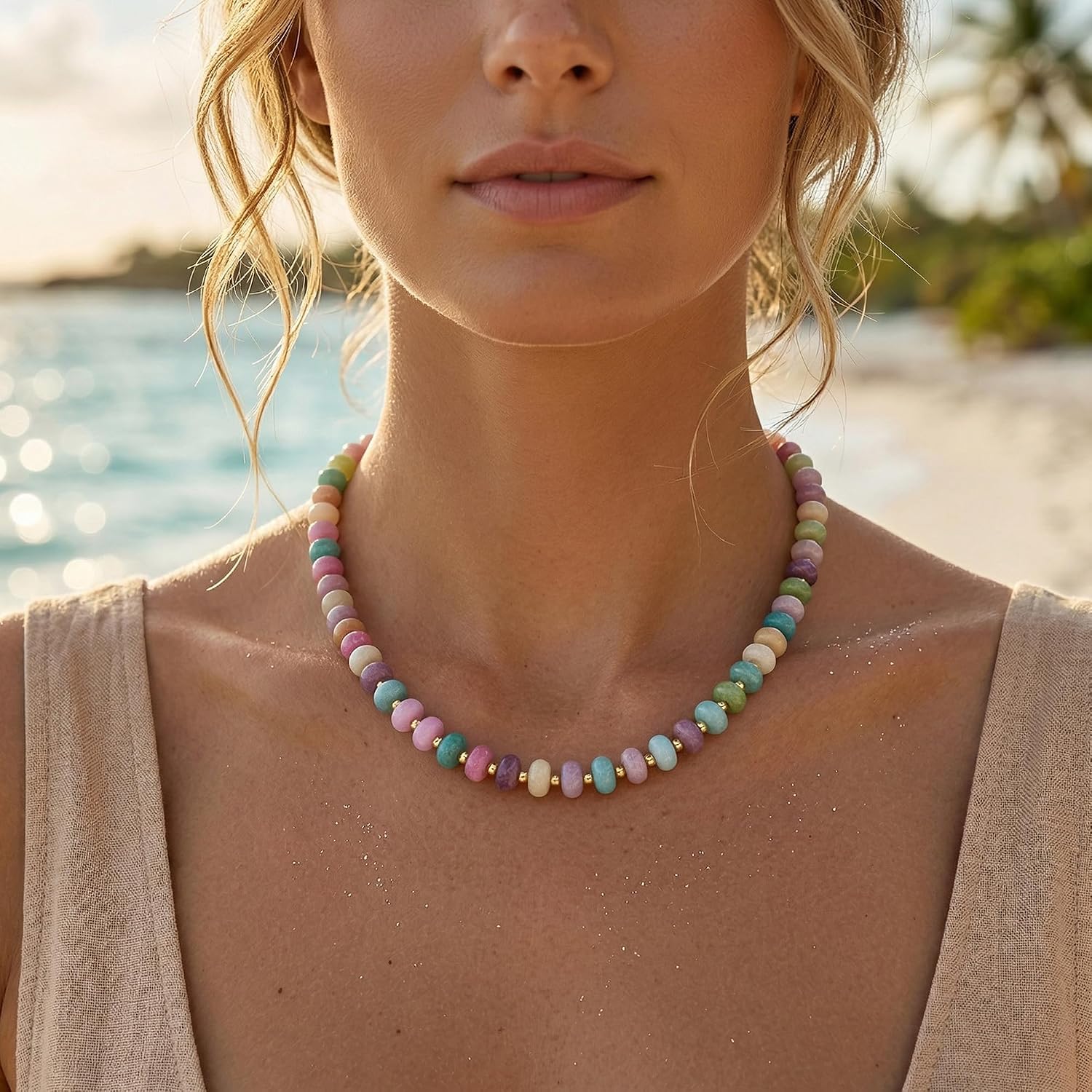 Chunky Beaded Necklace for Women Trendy Boho Colorful Stone Bead Statement Necklace Choker Summer Beach Jewelry Birthday Gift For Her