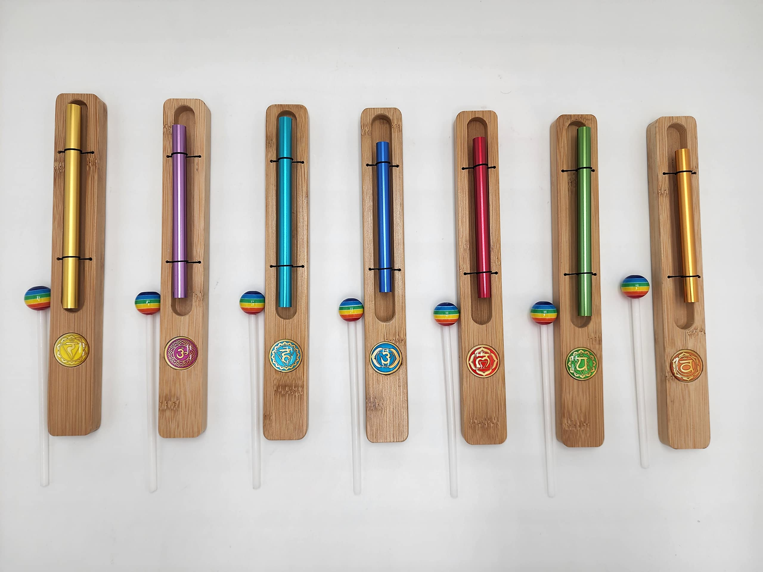 Yantra Set of 7 Chakra Zenergy Chime Bells with Gemstone,mallet and Chakra Signed Color Bags