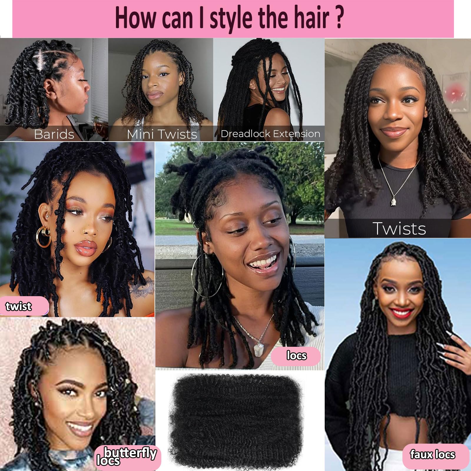 Huarisi 16 Inch 1b Afro Kinkys Bulk Human Hair for Dreadlocks Repair Braiding Twist Tight Afro Kinky Hair for Micro Locs 1 Bundles 50 Gram