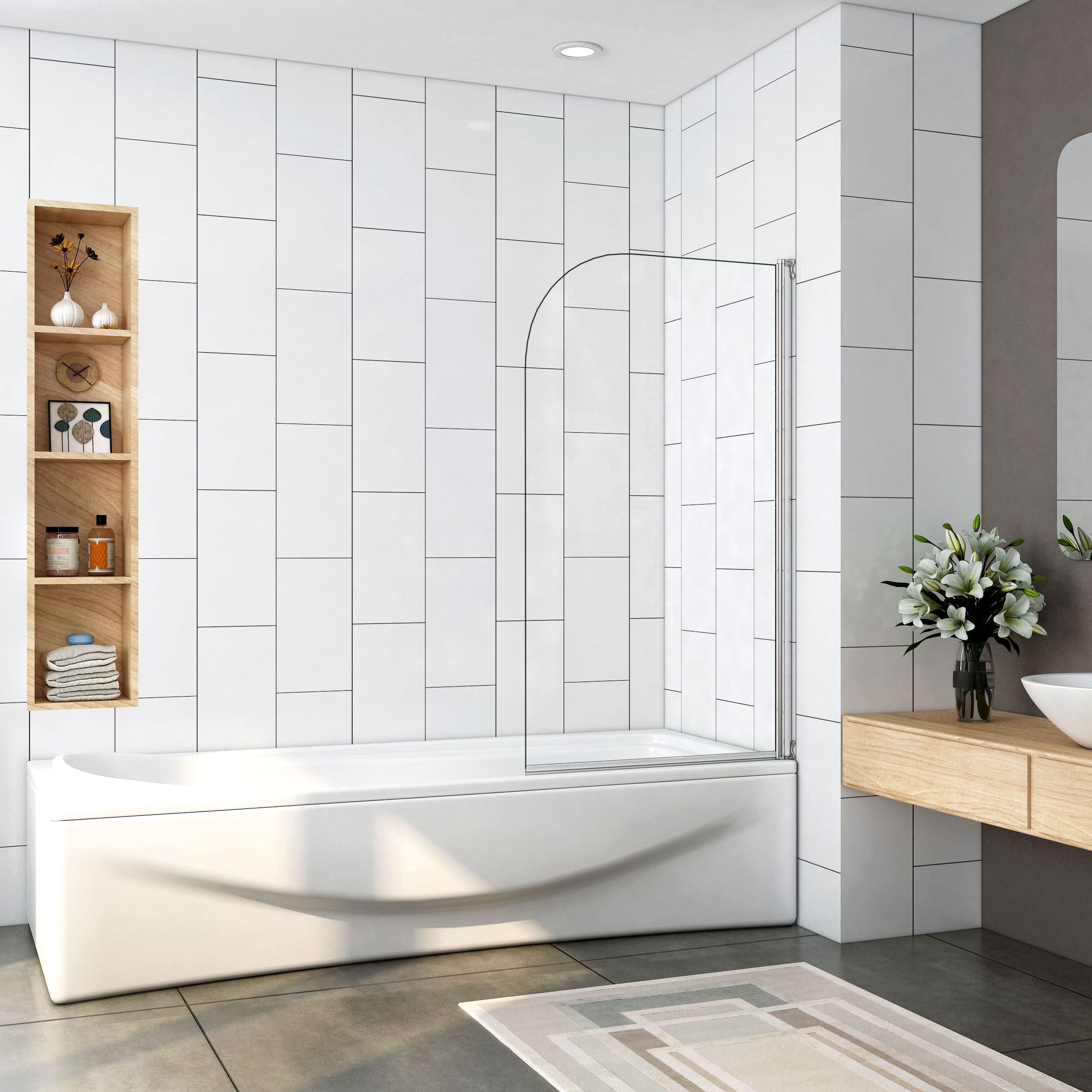 H.130cm Sopravasca da Bagno Doccia Girevole 180 Gradi 70cm Vetro 5mm Cromo | Temperato Trasparente
