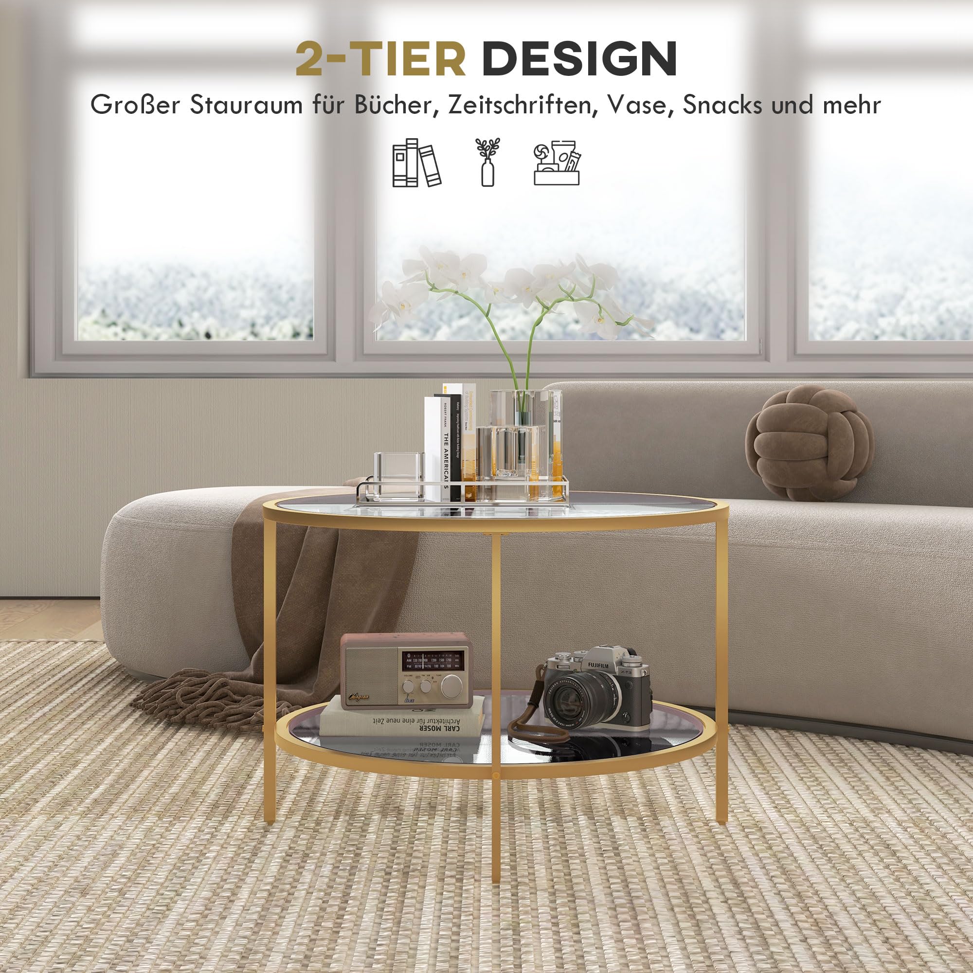 HOMCOM Beistelltisch Rund Couchtisch mit Ablage Ø60 x 43 cm Gold