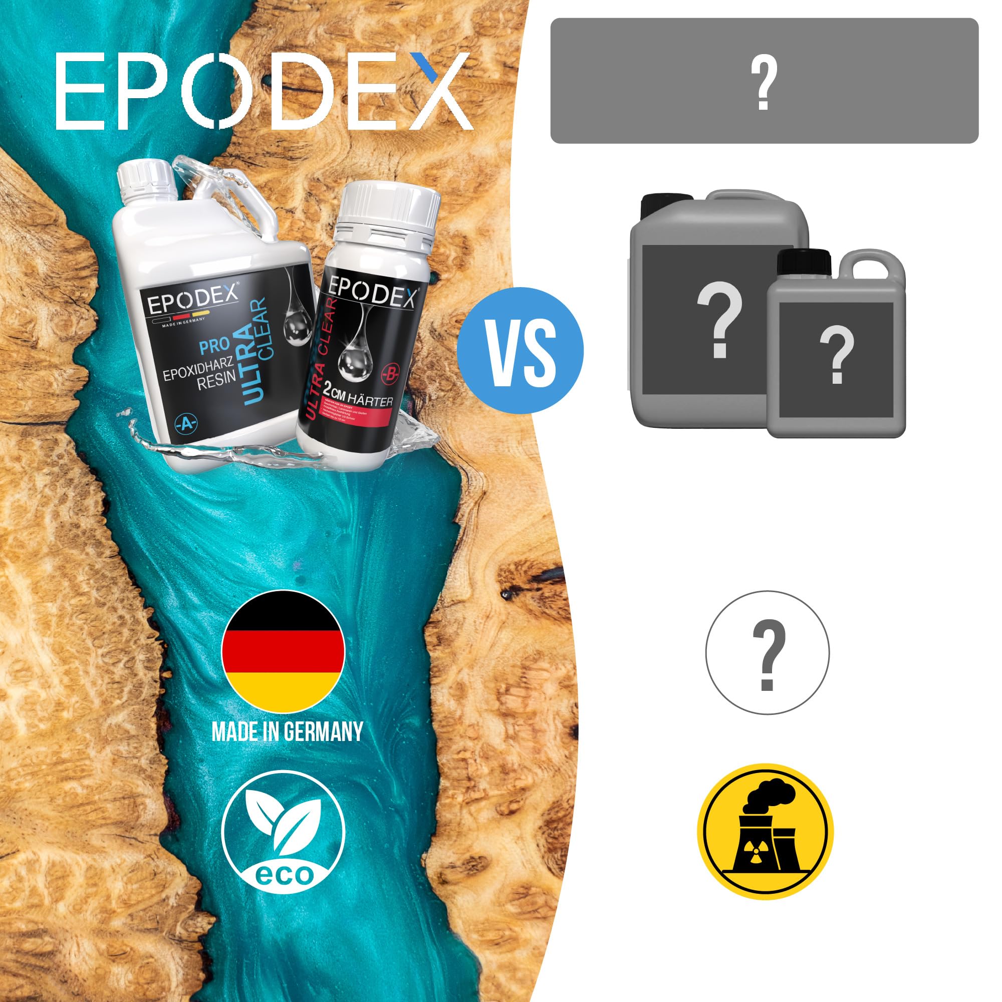 EPODEX Epoxidharz Set PRO, bis 2cm, CLEAR - Transparent, 1,5kg | Kristallklares Epoxy Resin Set, Harz Gießen Set, Resin-Kunst (Resin Art), Doming, Schmuck, kleine Form- und Gussteile, uvm