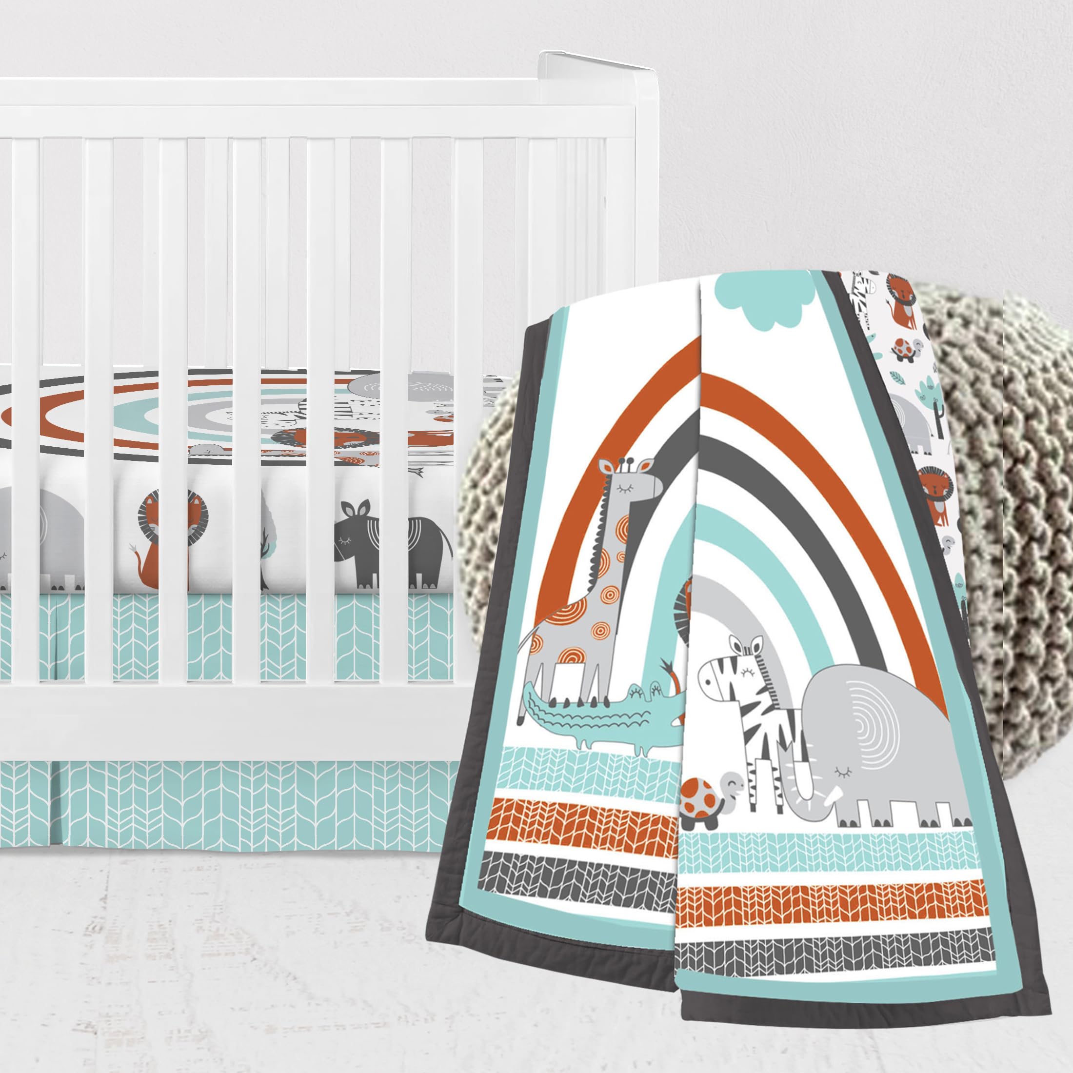 Bacati - Jungle Safari Animals 3 Piece Crib Bedding Set - Aqua Orange Gray