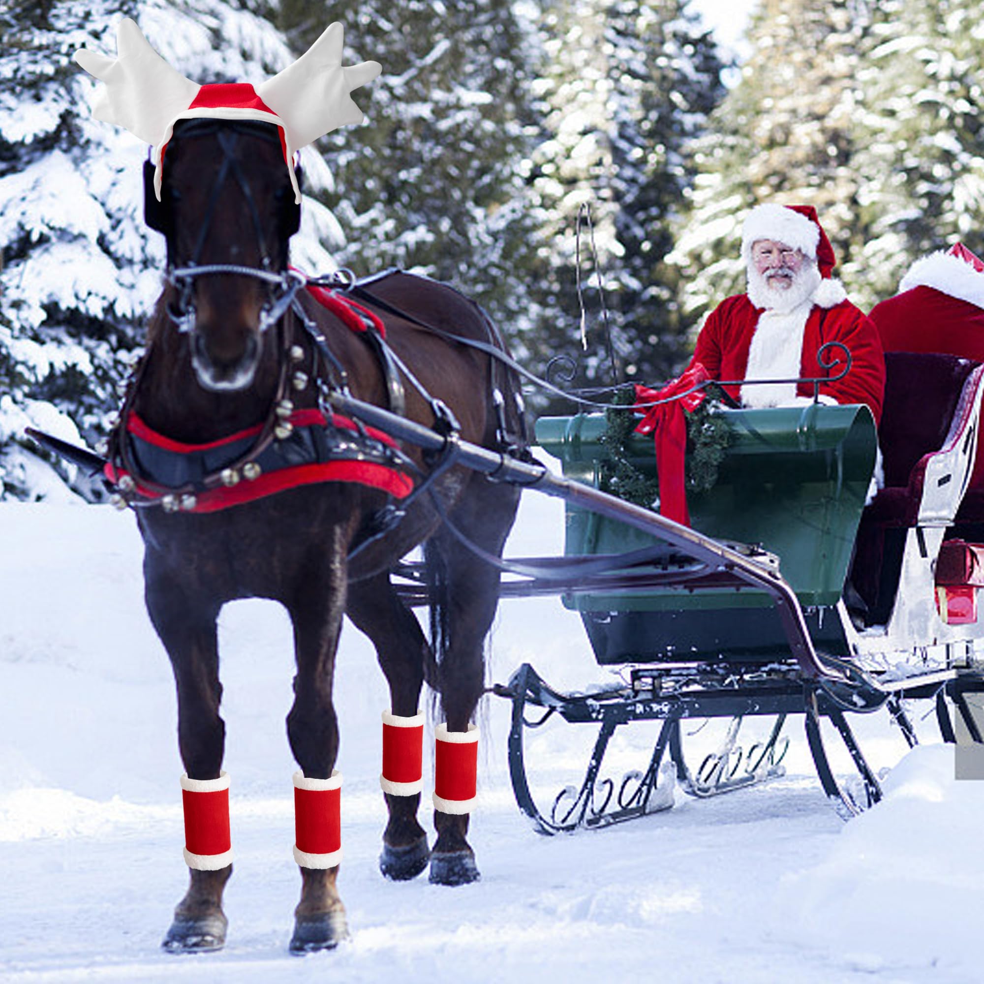 5 unidades/6 disfraces de Navidad de caballo, envoltura de terciopelo para piernas de caballo, sombrero de Snata, almohadilla de sillín para suministros de fiesta de vacaciones
