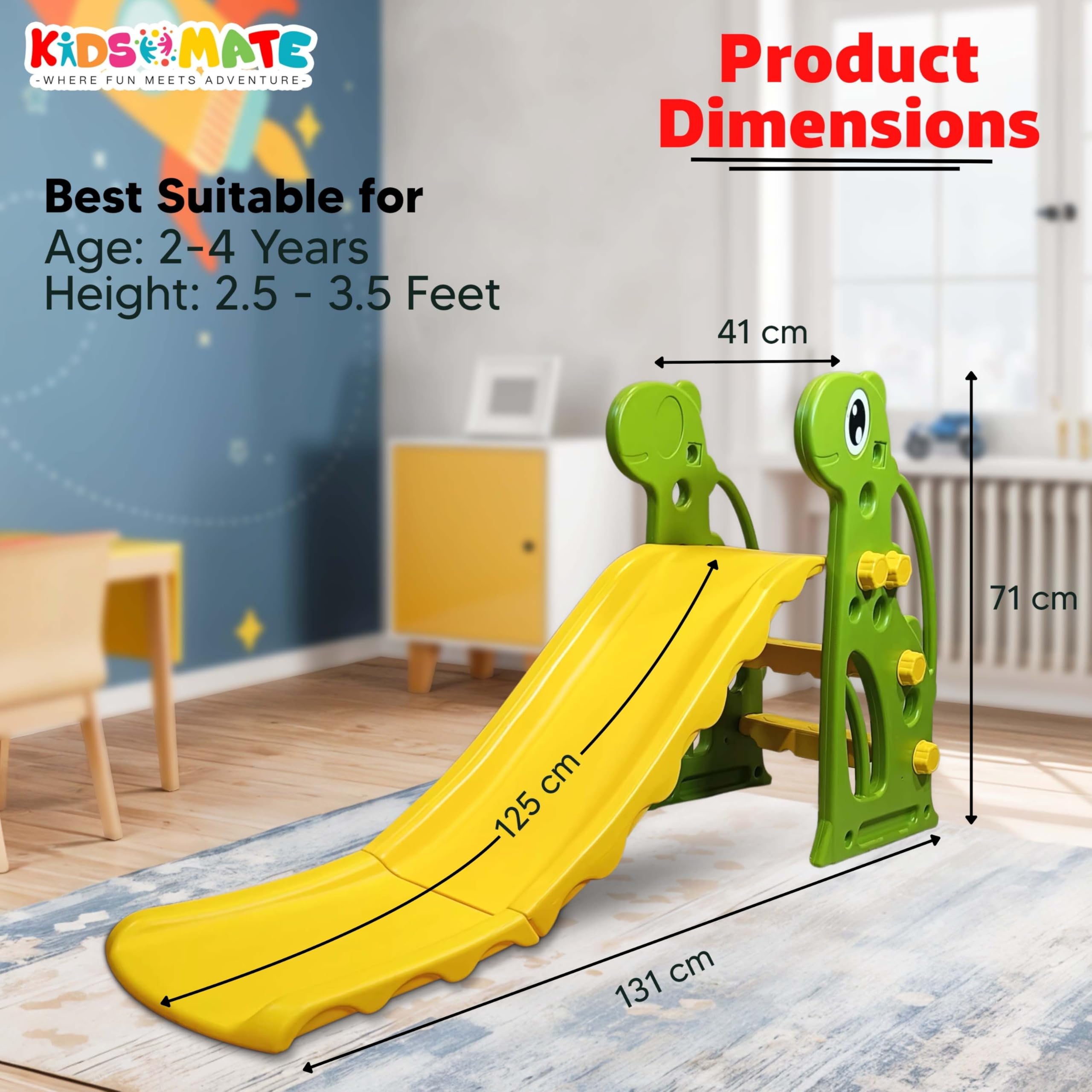 Kidsmate Indoor & Outdoor Fun Slide for Kids | Safe, Durable PE Plastic with Rounded Corners | Quick Assembly Baby Slider Perfect for Kids 2-4 Years | Supports Up to 30 kg - Yellow/Green 4