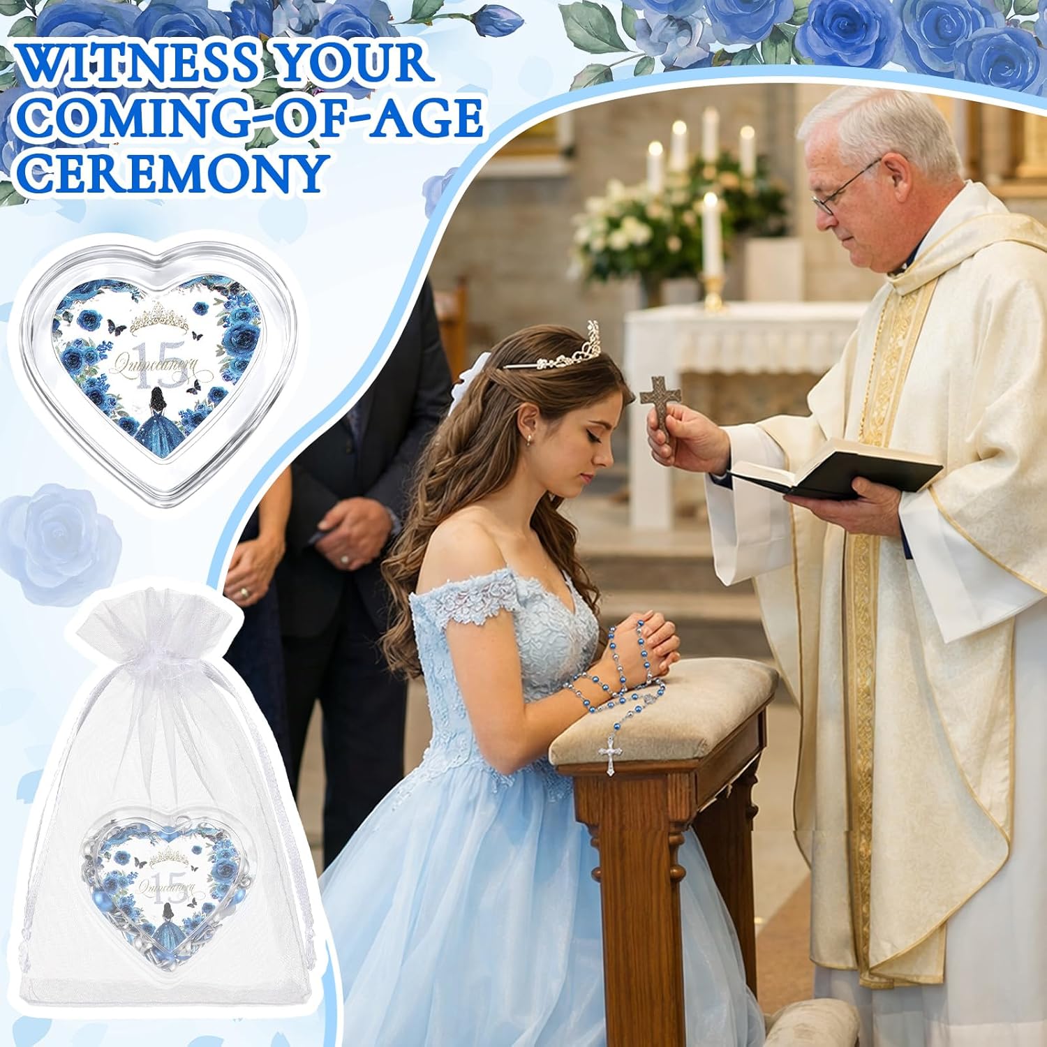 Huwena 24 Sets Quinceanera Party Favor for Guest Recuerdos Para 15 Años Quinceañeras Catholic Rosary Necklace Bulk Crucifix Prayer with Faux Pearl Sweet 15th Birthday Religious Gift with Box(Blue)