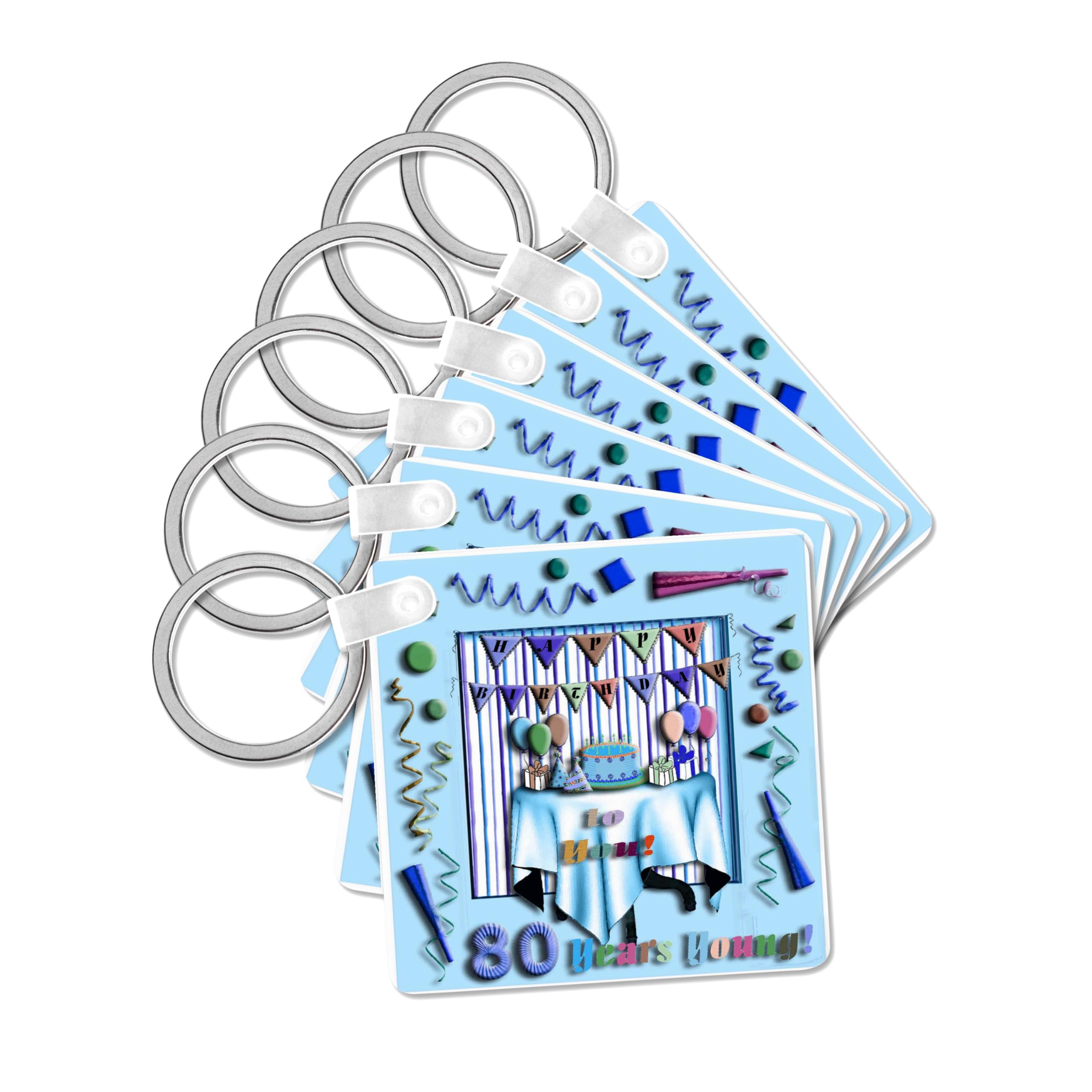 3dRose, Birthday Room in Blue Happy Birthday to You 80 Years Young, set of 6 Key Chains