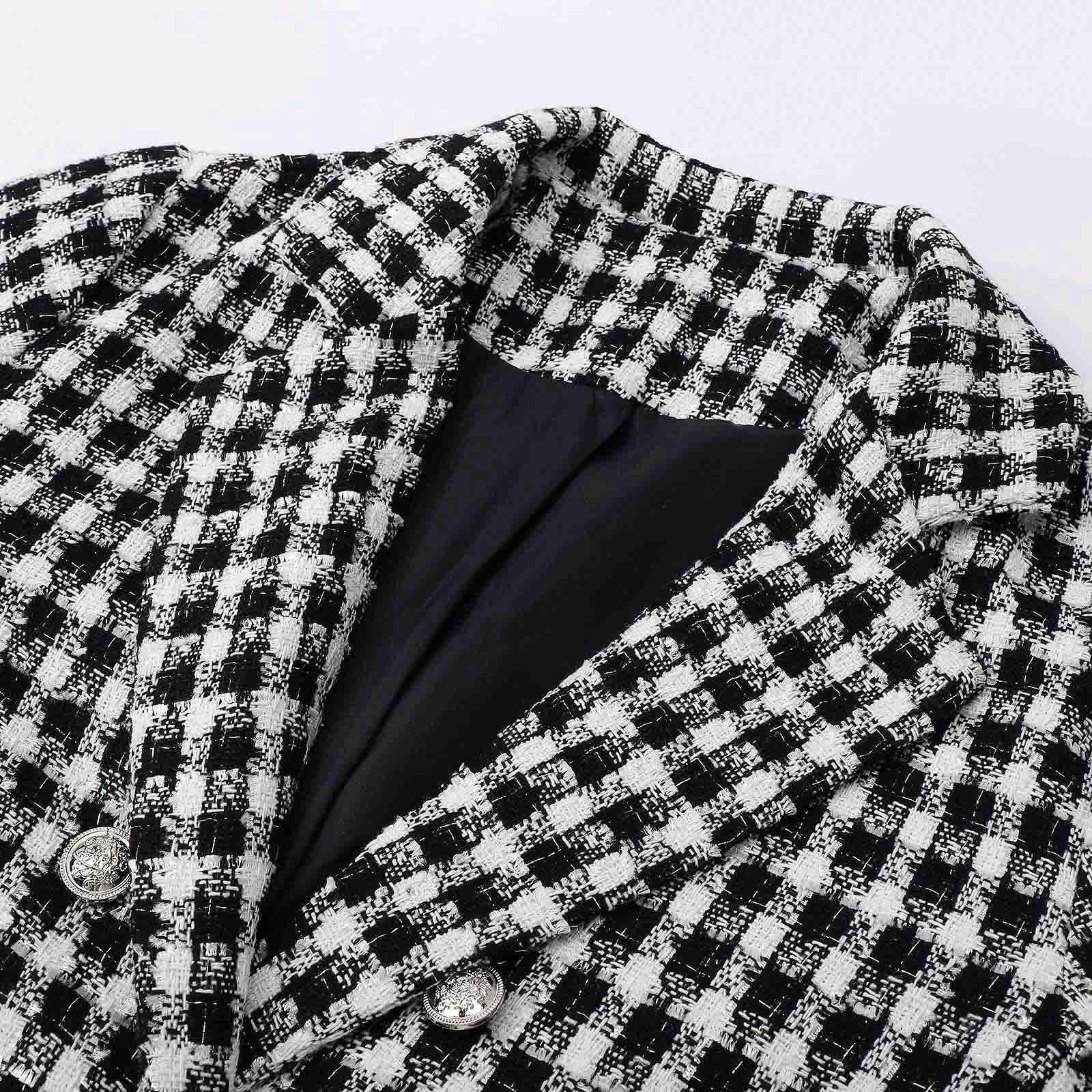 Blazer Mujer Tweed de Cuadros, Americana de Manga Larga con Doble Botonadura y Solapa, Chaqueta de Traje Vintage para Trabajo, Oficina y Otoño