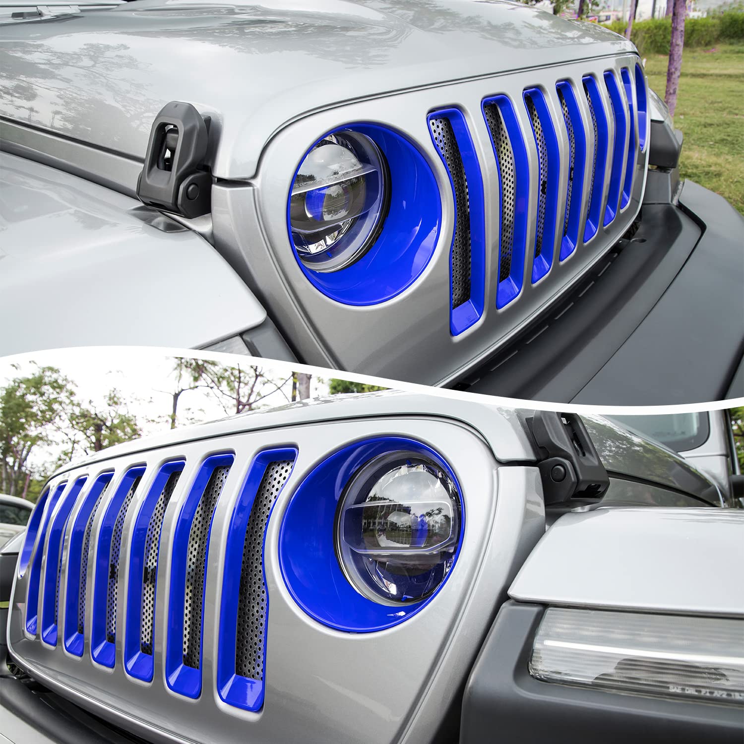 Bonbo Mesh Grille Grill Insert & Headlight Turn Light Cover Trim Exterior Accessories for Jeep Wrangler JL Sport/Sports 2018 2019 2020 2021 2022 (Blue)