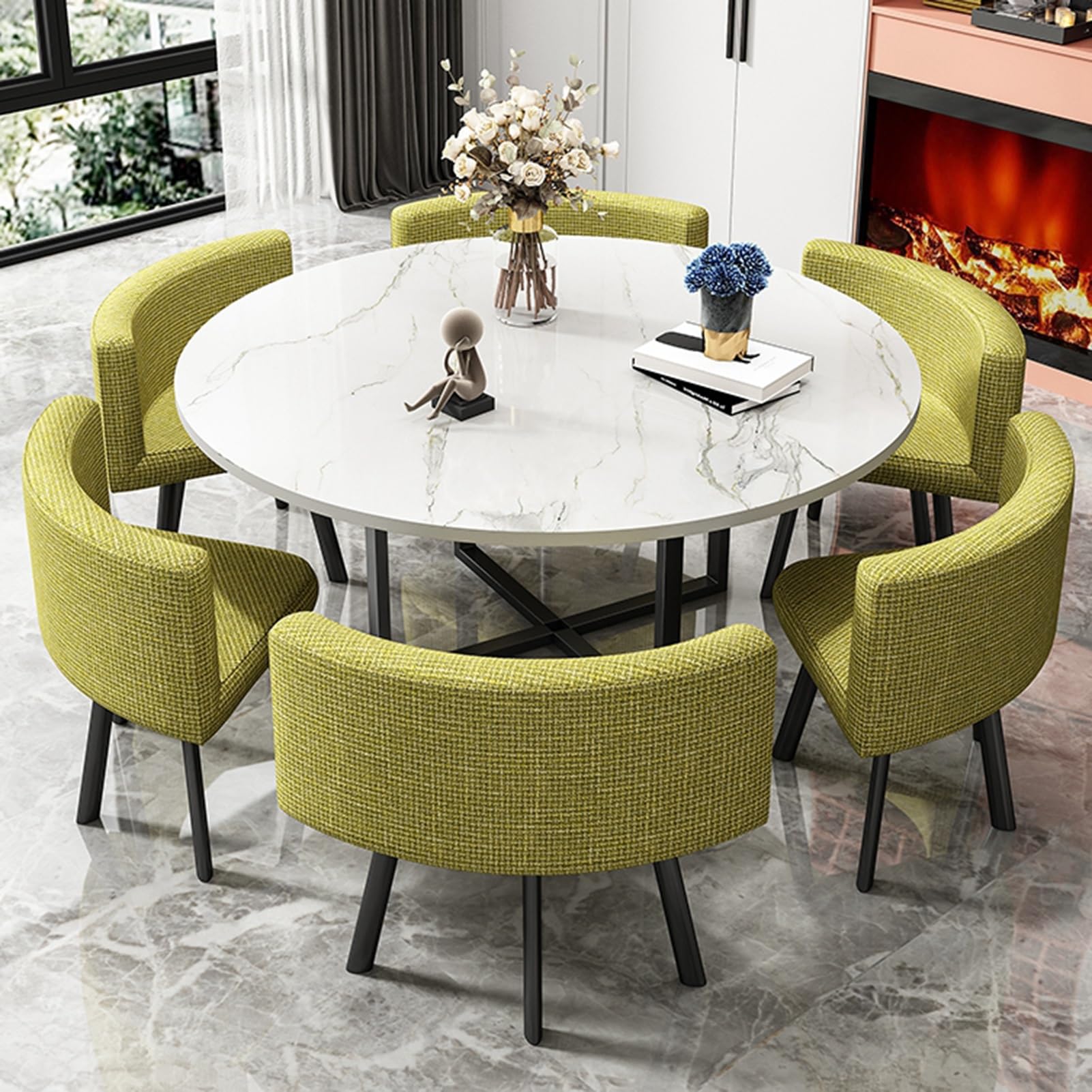 ASerZenith Round Kitchen Breakfast Bar Table And Chair Set, Space-Saving Furniture Office Conference Tables - Negotiation Reception Tables And Chairs Combination,Dark Green