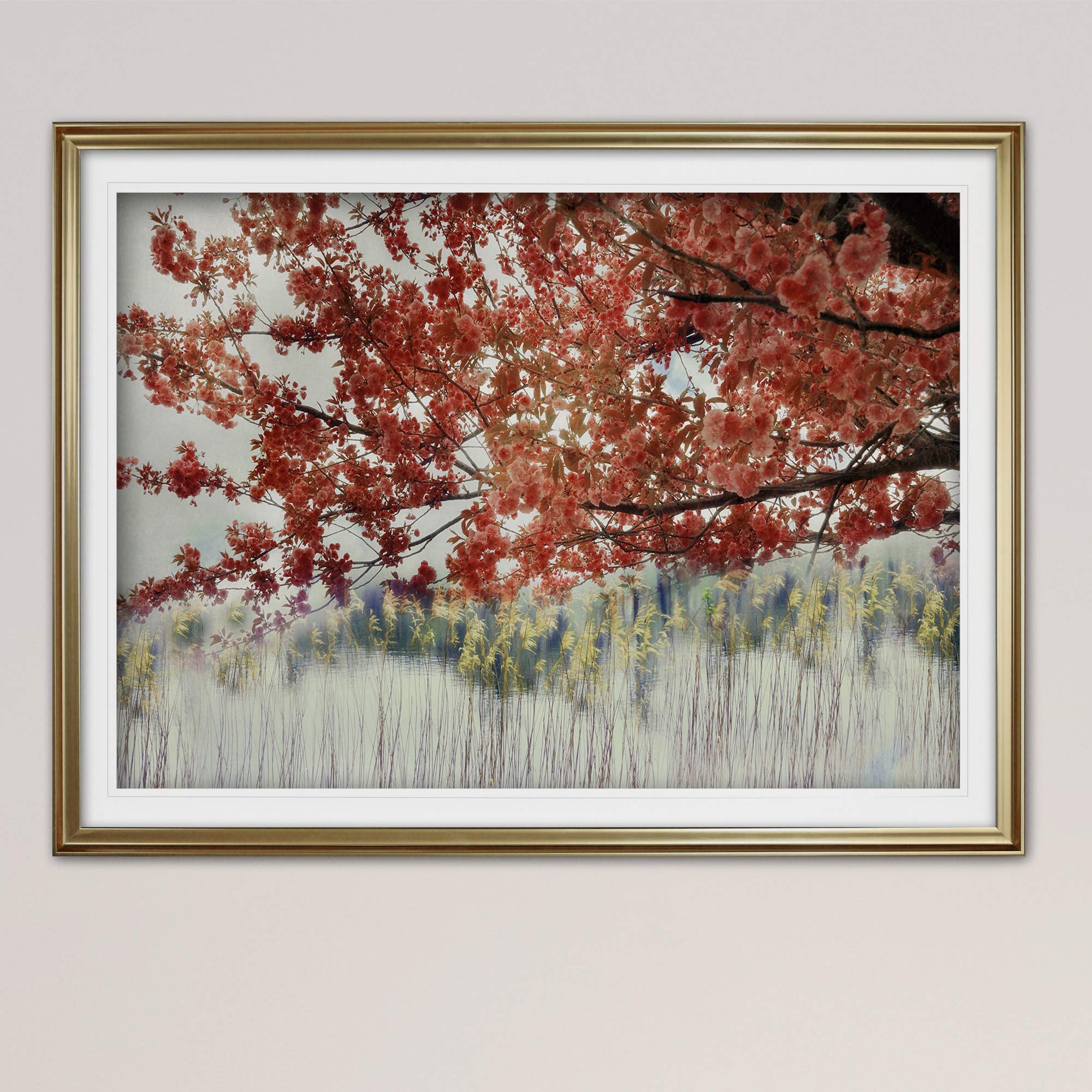 Renditions Gallery Nature Wall Art Modern Paintings Sakura on the Lake Cherry Blossom Tree Gold Framed Prints for Classroom Office Hotel Decorations -