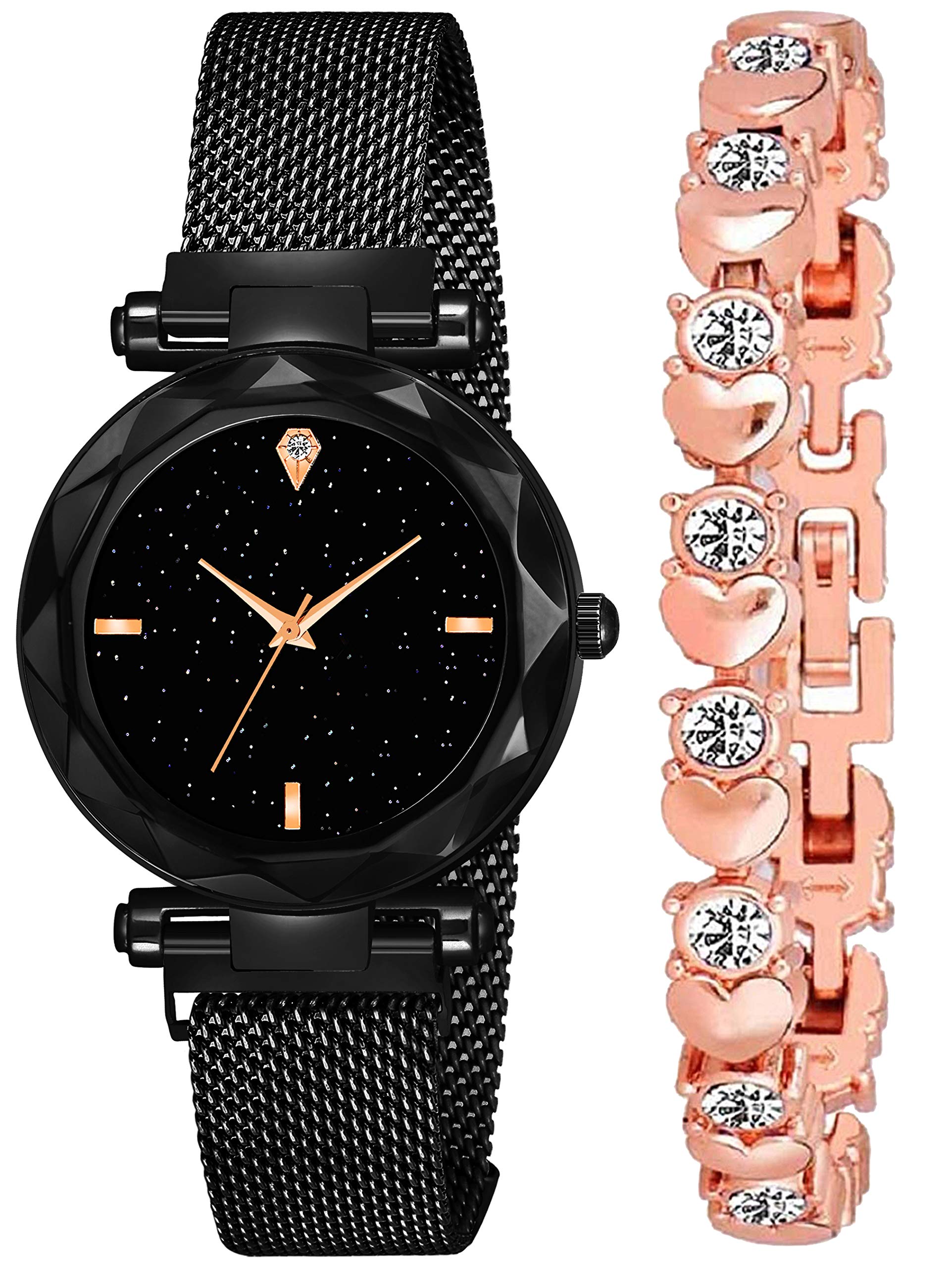 Acnos Stainless Steel Premium Brand - A Brand Festival Special Black Dial Round 1 Diamond Magnet Belt With Rosegold Bracelet & Analogue Watch For Women Pack Of - 2, Black Band (B08W5CQBCL) Amazon Price History, Amazon Price Tracker